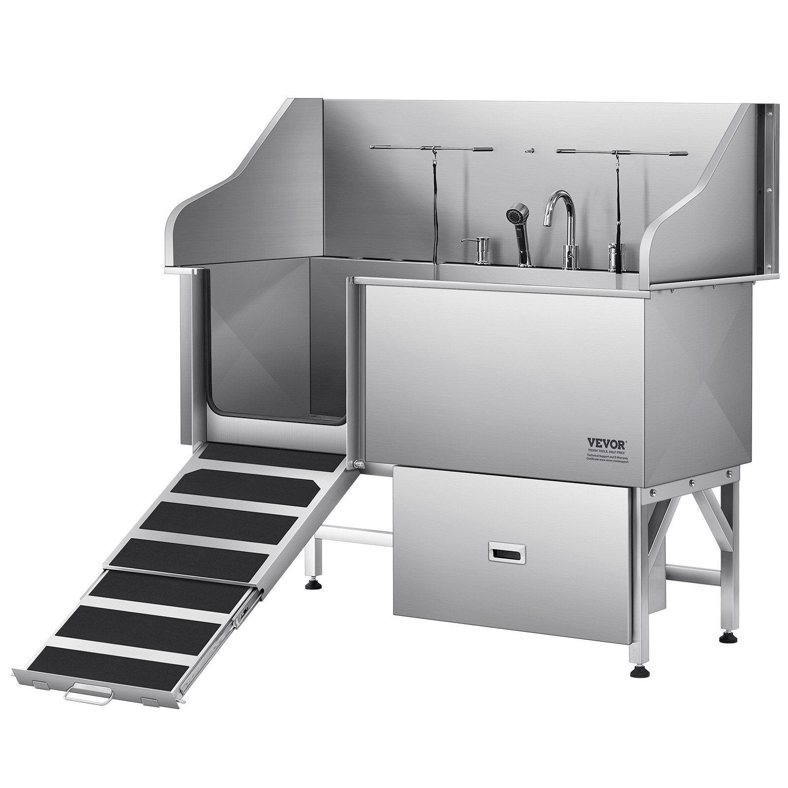 VEVOR 304 Edelstahl-Hundewaschstation, 154,9 cm große Pflegebadewanne mit rutschfester, flacher Rampe, Schublade, Warm- und Kaltwasserhahn, All-in-One-Badewanne für Pflegesalons, für alle Größen geeignet (linke Tür)