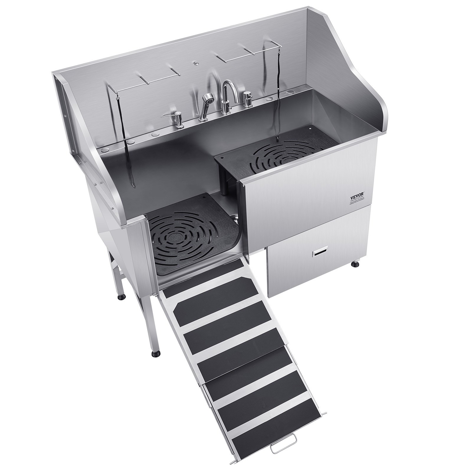VEVOR 304 Edelstahl-Hundewaschstation, 154,9 cm große Pflegebadewanne mit rutschfester, flacher Rampe, Schublade, Warm- und Kaltwasserhahn, All-in-One-Badewanne für Pflegesalons, für alle Größen geeignet (linke Tür)