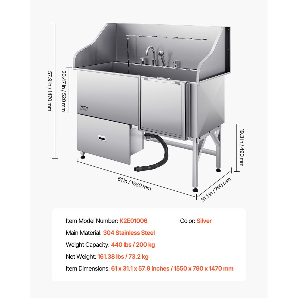 VEVOR 304 Edelstahl-Hundewaschstation, 154,9 cm große Pflegebadewanne mit rutschfester, flacher Rampe, Schublade, Warm- und Kaltwasserhahn, All-in-One-Badewanne für Pflegesalons, für alle Größen geeignet (rechte Tür)