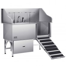 VEVOR 304 Edelstahl-Hundewaschstation, 154,9 cm große Pflegebadewanne mit rutschfester, flacher Rampe, Schublade, Warm- und Kaltwasserhahn, All-in-One-Badewanne für Pflegesalons, für alle Größen geeignet (rechte Tür)