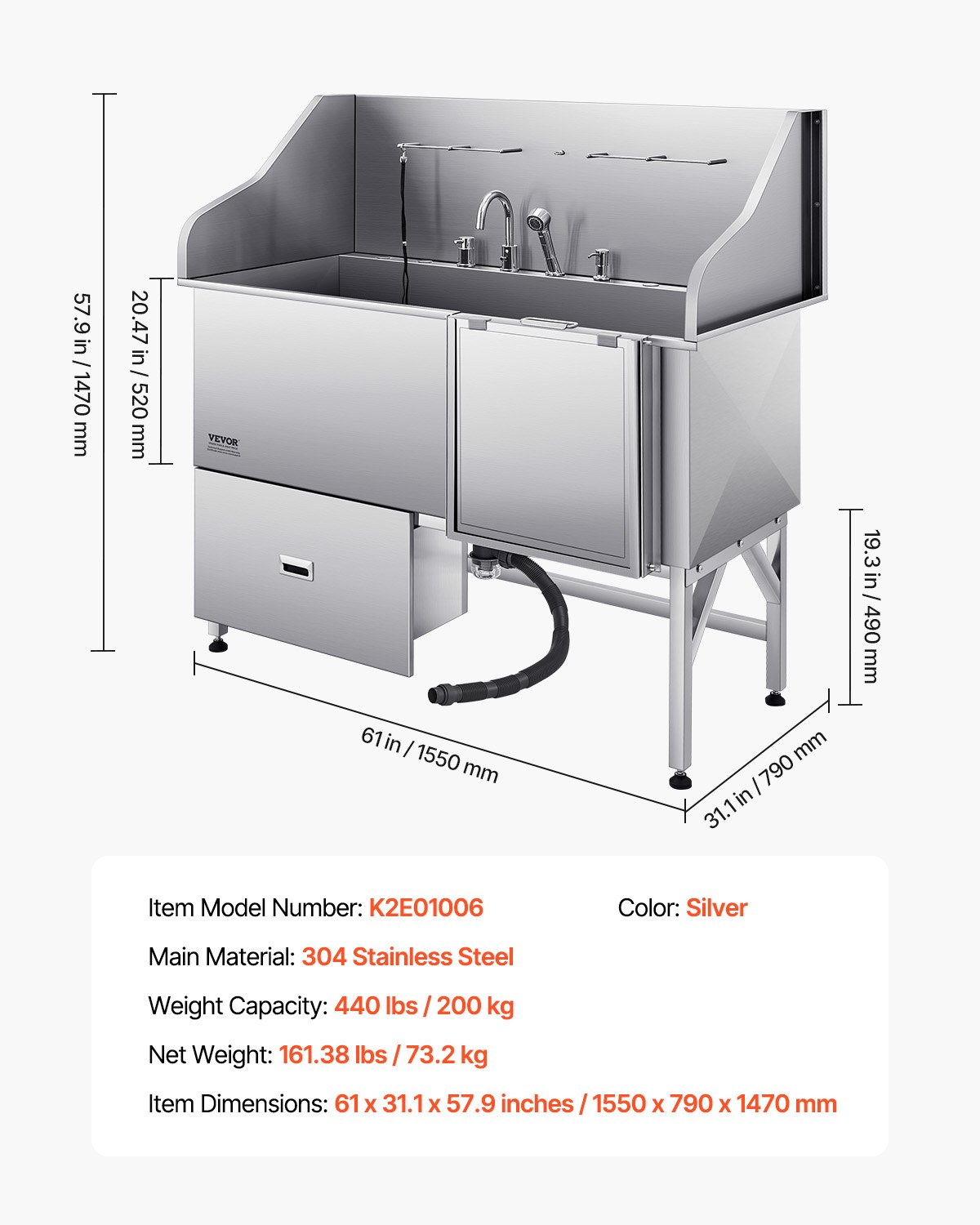 VEVOR 304 Edelstahl-Hundewaschstation, 154,9 cm große Pflegebadewanne mit rutschfester, flacher Rampe, Schublade, Warm- und Kaltwasserhahn, All-in-One-Badewanne für Pflegesalons, für alle Größen geeignet (rechte Tür)