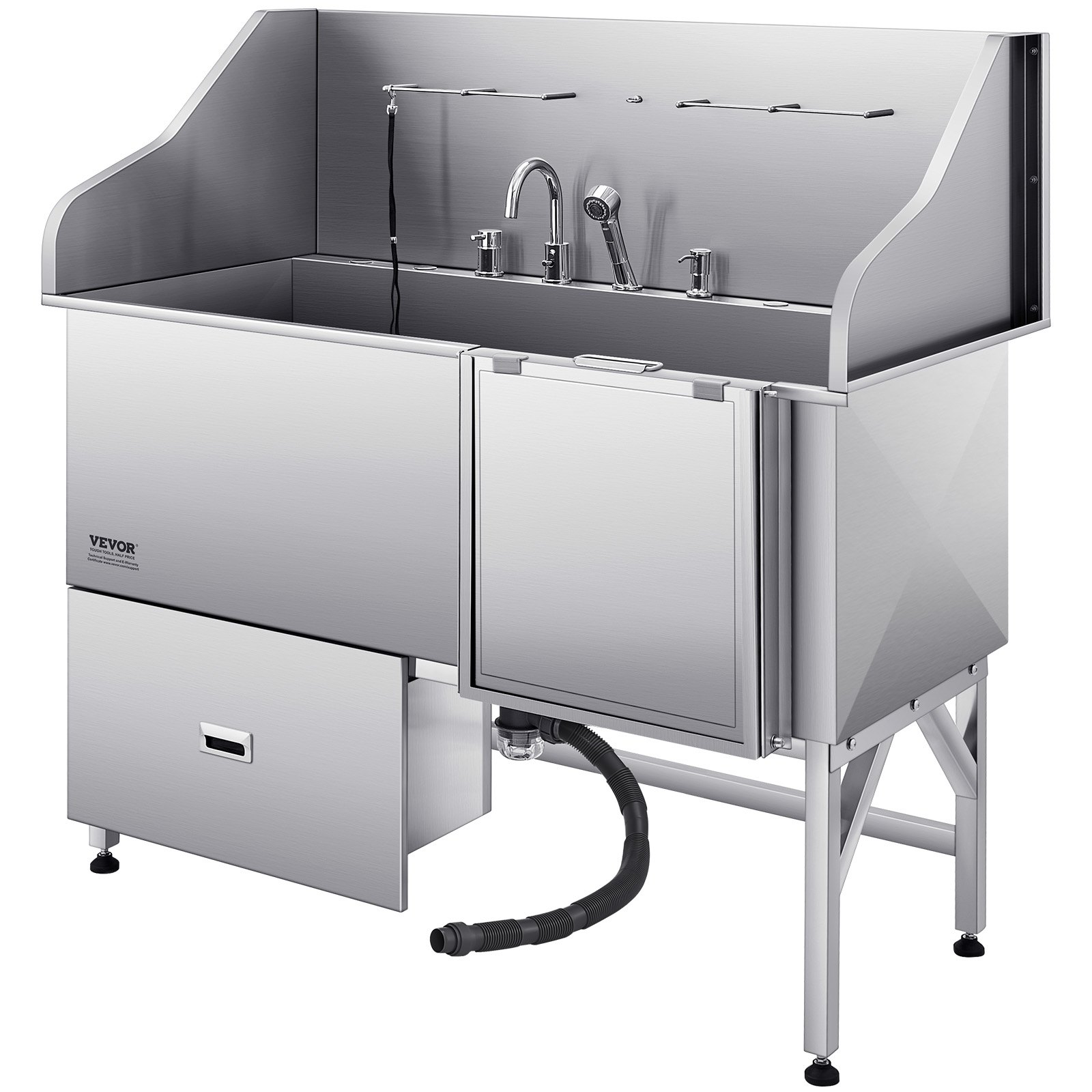 VEVOR 304 Edelstahl-Hundewaschstation, 154,9 cm große Pflegebadewanne mit rutschfester, flacher Rampe, Schublade, Warm- und Kaltwasserhahn, All-in-One-Badewanne für Pflegesalons, für alle Größen geeignet (rechte Tür)