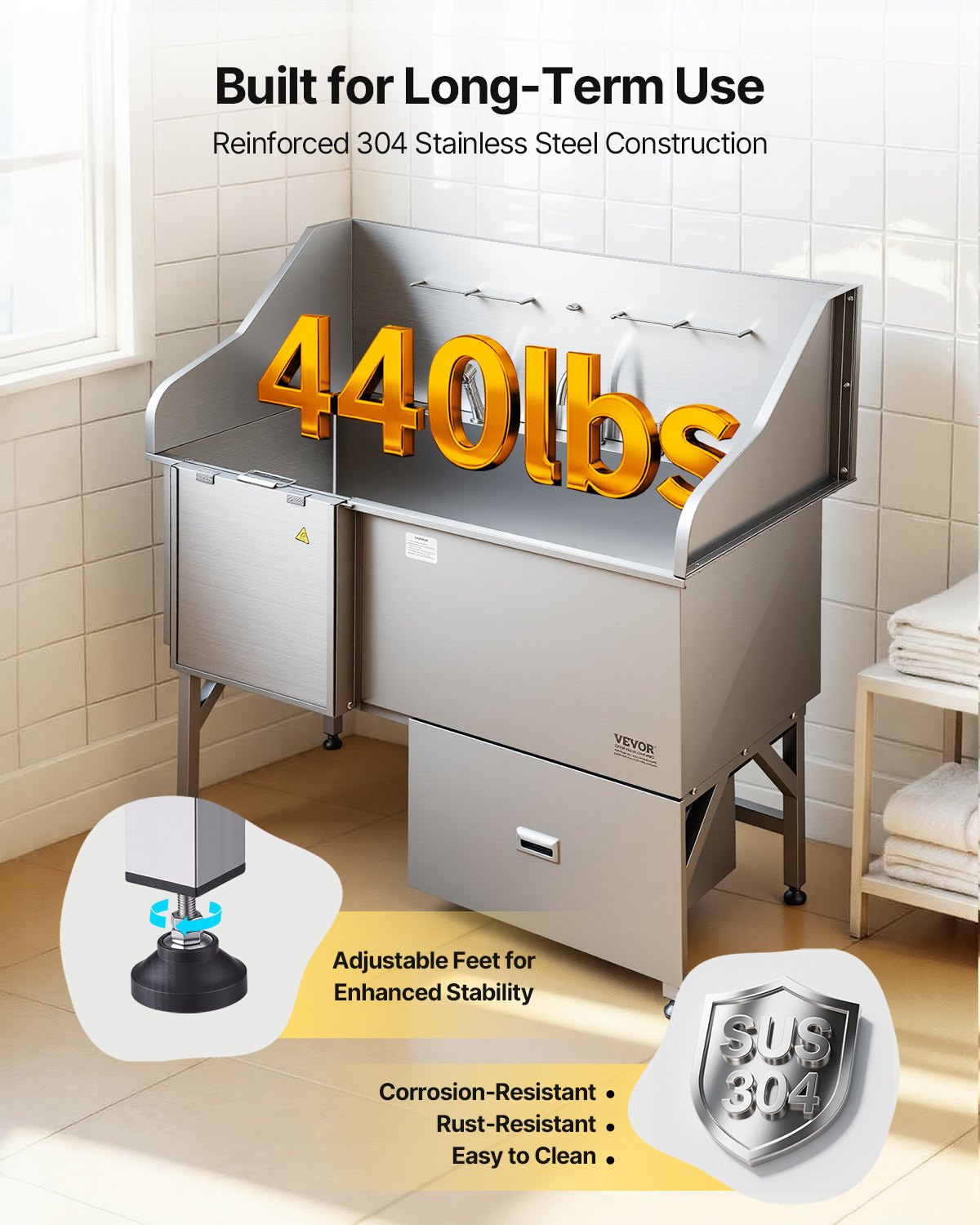 VEVOR 304 Edelstahl-Hundewaschstation, 154,9 cm große Pflegebadewanne mit rutschfester, flacher Rampe, Schublade, Warm- und Kaltwasserhahn, All-in-One-Badewanne für Pflegesalons, für alle Größen geeignet (rechte Tür)