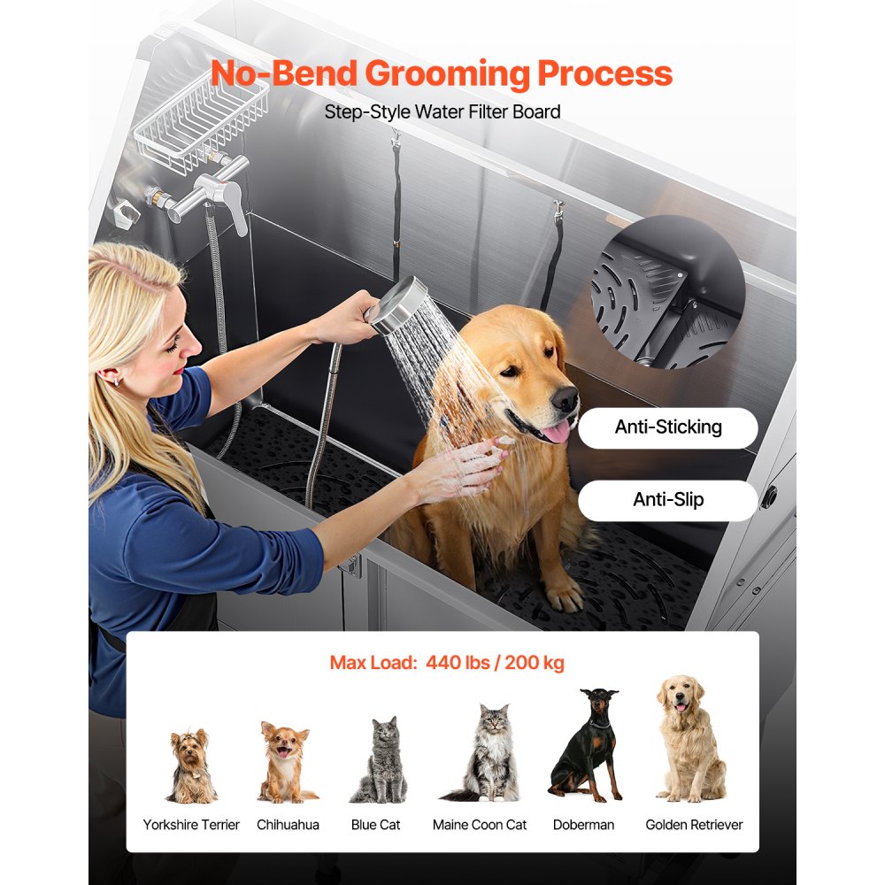 VEVOR Stainless Steel Dog Washing Station, 1500x700x1495 mm Pet Grooming Tub with Ramp, PE Water Filter Plate, Faucet, Shower Head & Soap Holder, for Large, Medium & Small Pets (Left Door)