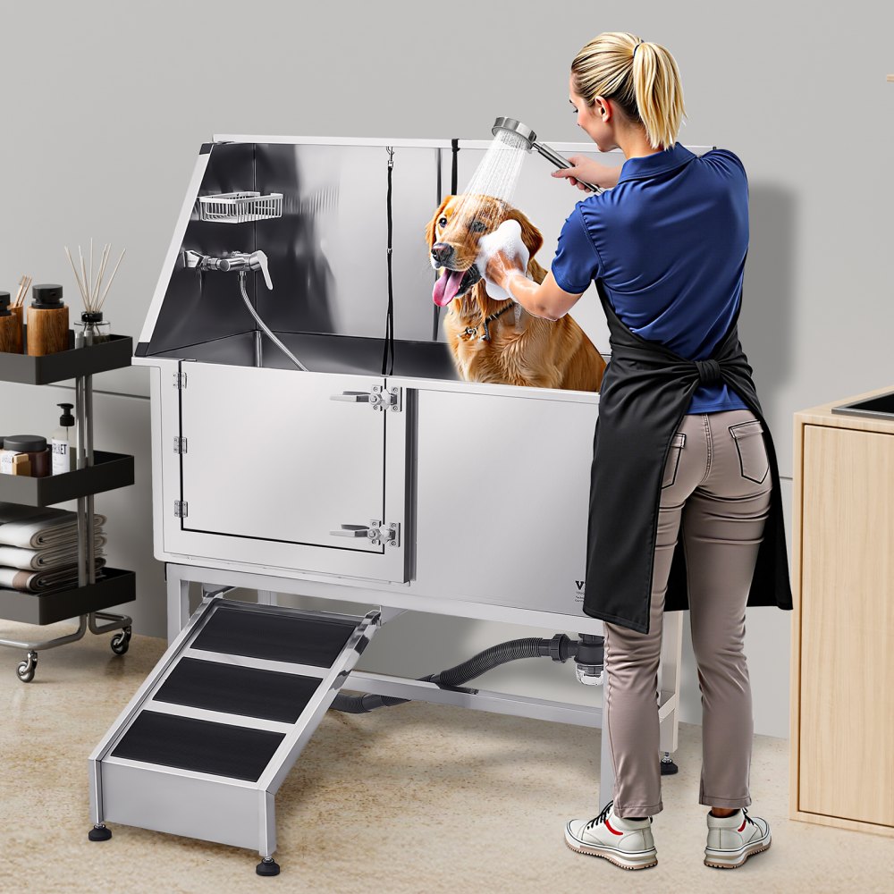 VEVOR Stainless Steel Dog Washing Station, 1500x700x1495 mm Pet Grooming Tub with Ramp, PE Water Filter Plate, Faucet, Shower Head & Soap Holder, for Large, Medium & Small Pets (Left Door)
