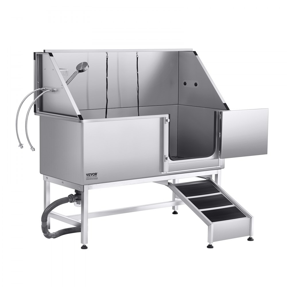 VEVOR Hundewaschstation Edelstahl, 1500x700x1495 mm Tierpflegewanne mit Rampe, PE-Wasserfilterplatte, Wasserhahn, Duschkopf & Seifenhalter, für große, mittelgroße & kleine Haustiere (rechte Tür)