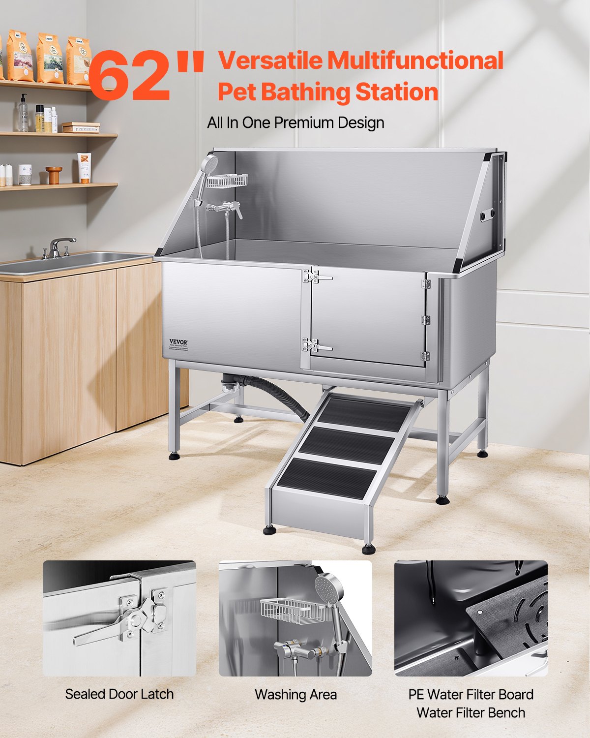 VEVOR Hundewaschstation Edelstahl, 1500x700x1495 mm Tierpflegewanne mit Rampe, PE-Wasserfilterplatte, Wasserhahn, Duschkopf & Seifenhalter, für große, mittelgroße & kleine Haustiere (rechte Tür)