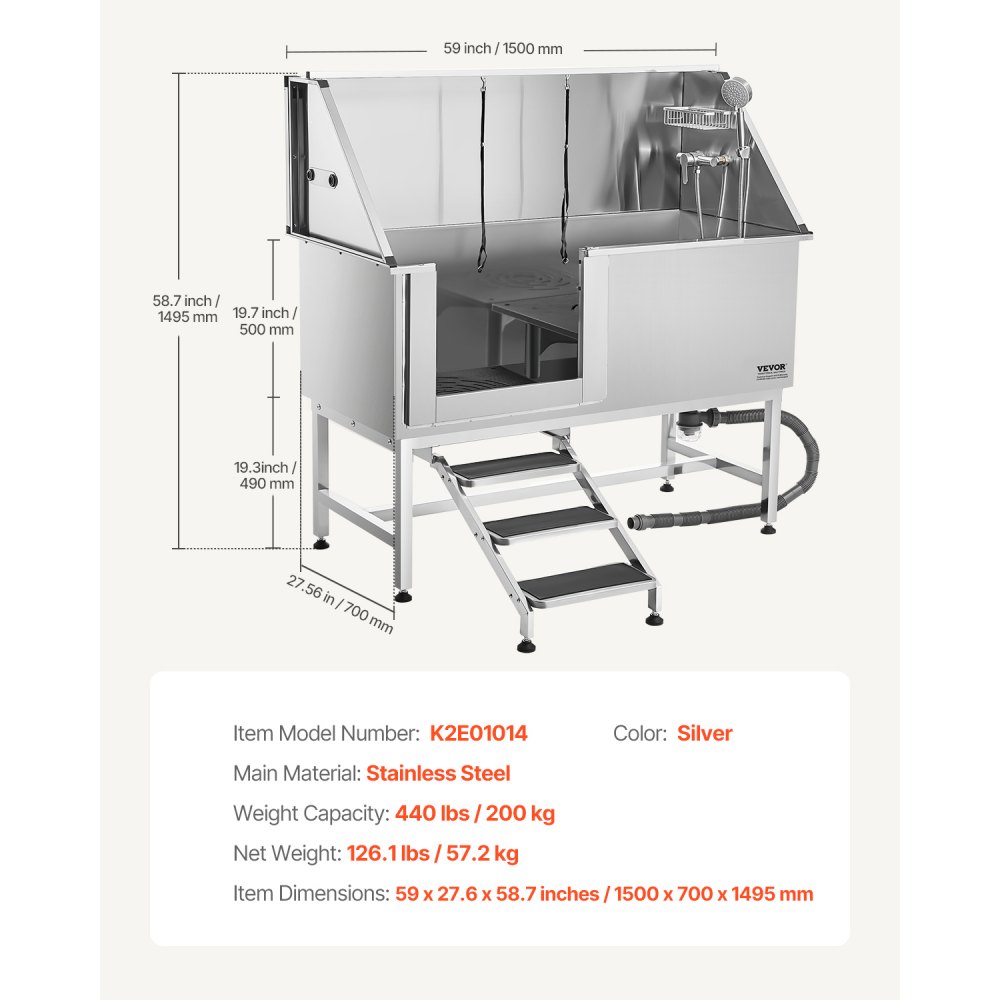 VEVOR Hundewaschstation Edelstahl, 1500x700x1495mm Tierpflegewanne mit Treppe, PE-Wasserfilterplatte, Wasserhahn, Duschkopf & Seifenhalter, für große, mittelgroße & kleine Haustiere (linke Tür)