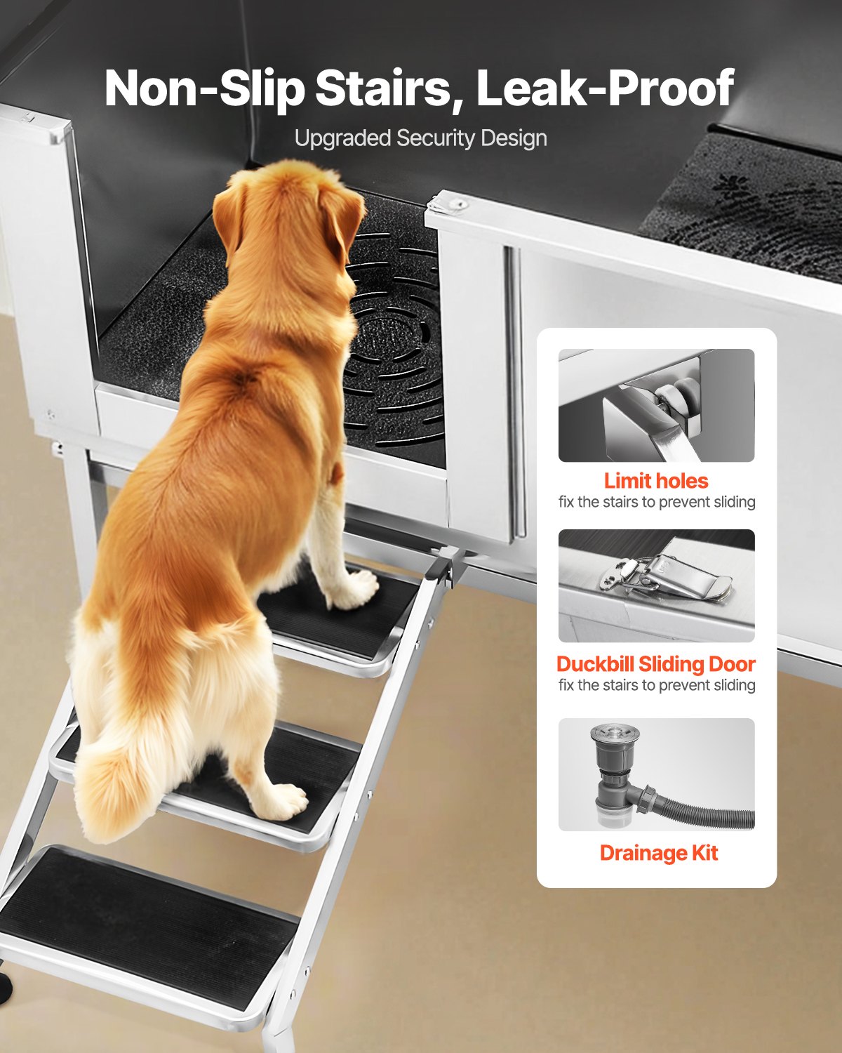 VEVOR Hundewaschstation Edelstahl, 1500x700x1495mm Tierpflegewanne mit Treppe, PE-Wasserfilterplatte, Wasserhahn, Duschkopf & Seifenhalter, für große, mittelgroße & kleine Haustiere (linke Tür)