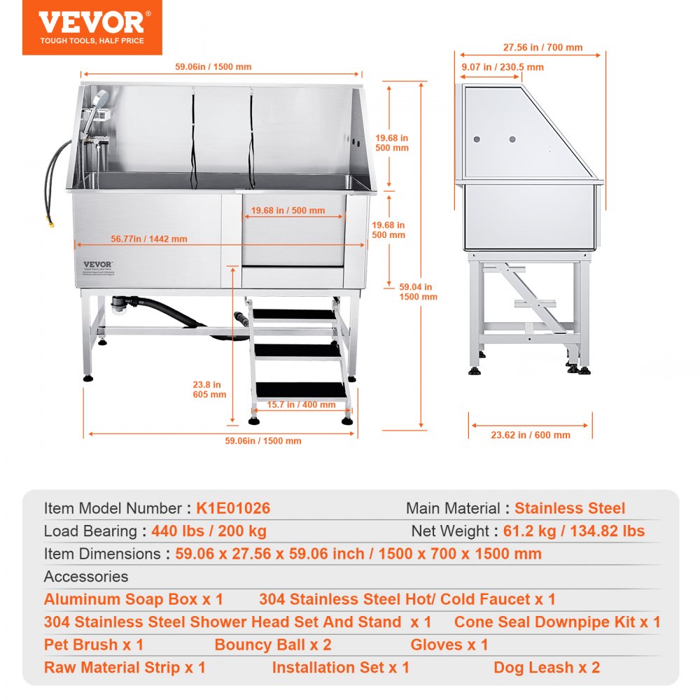 VEVOR Professionelle Hundepflegewanne 1574,8mm Edelstahl Tierbadewanne Hundewaschstation 200kg Hunden Pflege Hundewaschanlage Haustierpflegewanne mit einem gefalteten Design Hundedusche Waschwanne