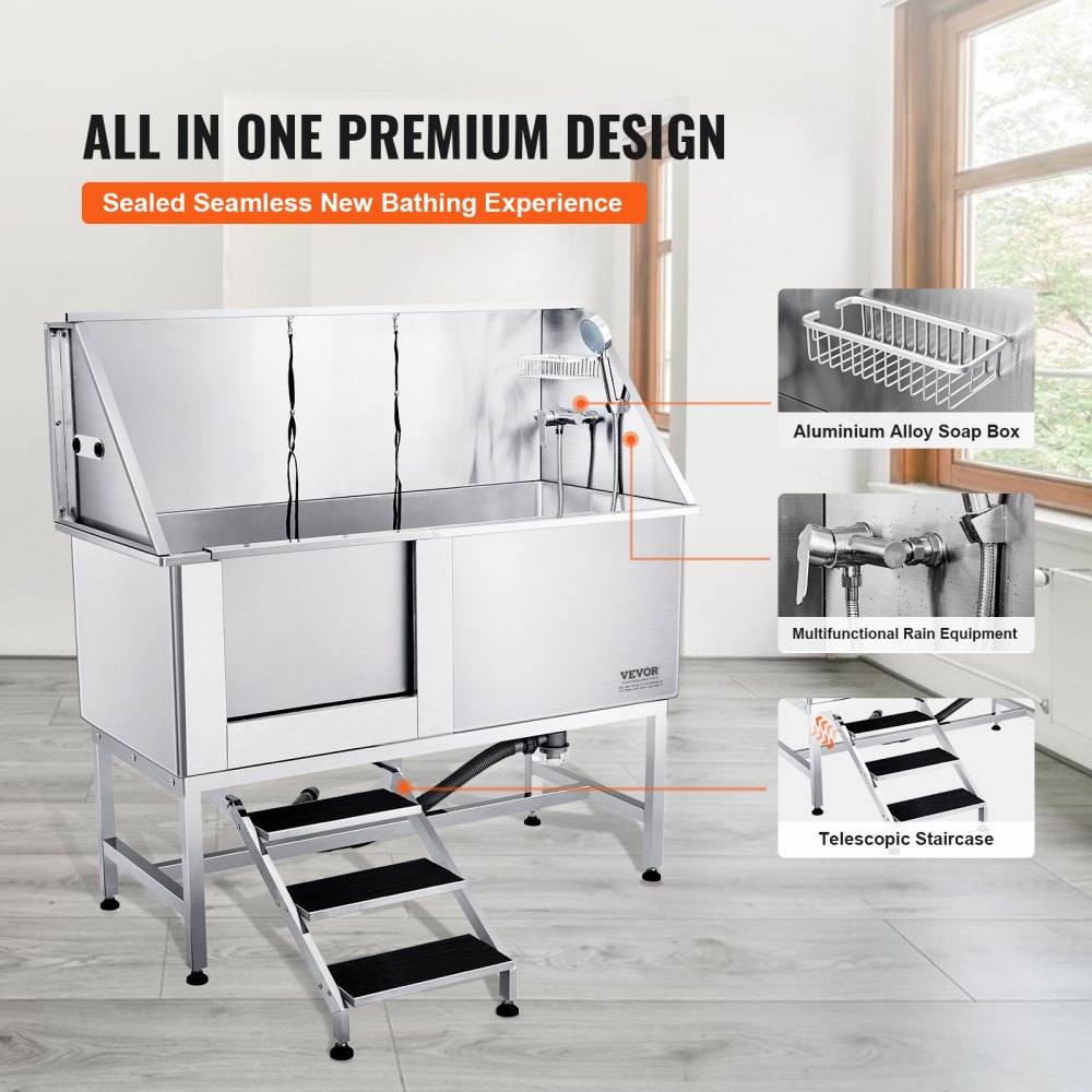 VEVOR Professionelle Hundepflegewanne 1574,8mm Edelstahl Tierbadewanne Hundewaschstation 200kg Hunden Pflege Dusche Hundewaschanlage Haustierpflegewanne mit gefaltetem Design Hundedusche Waschwanne
