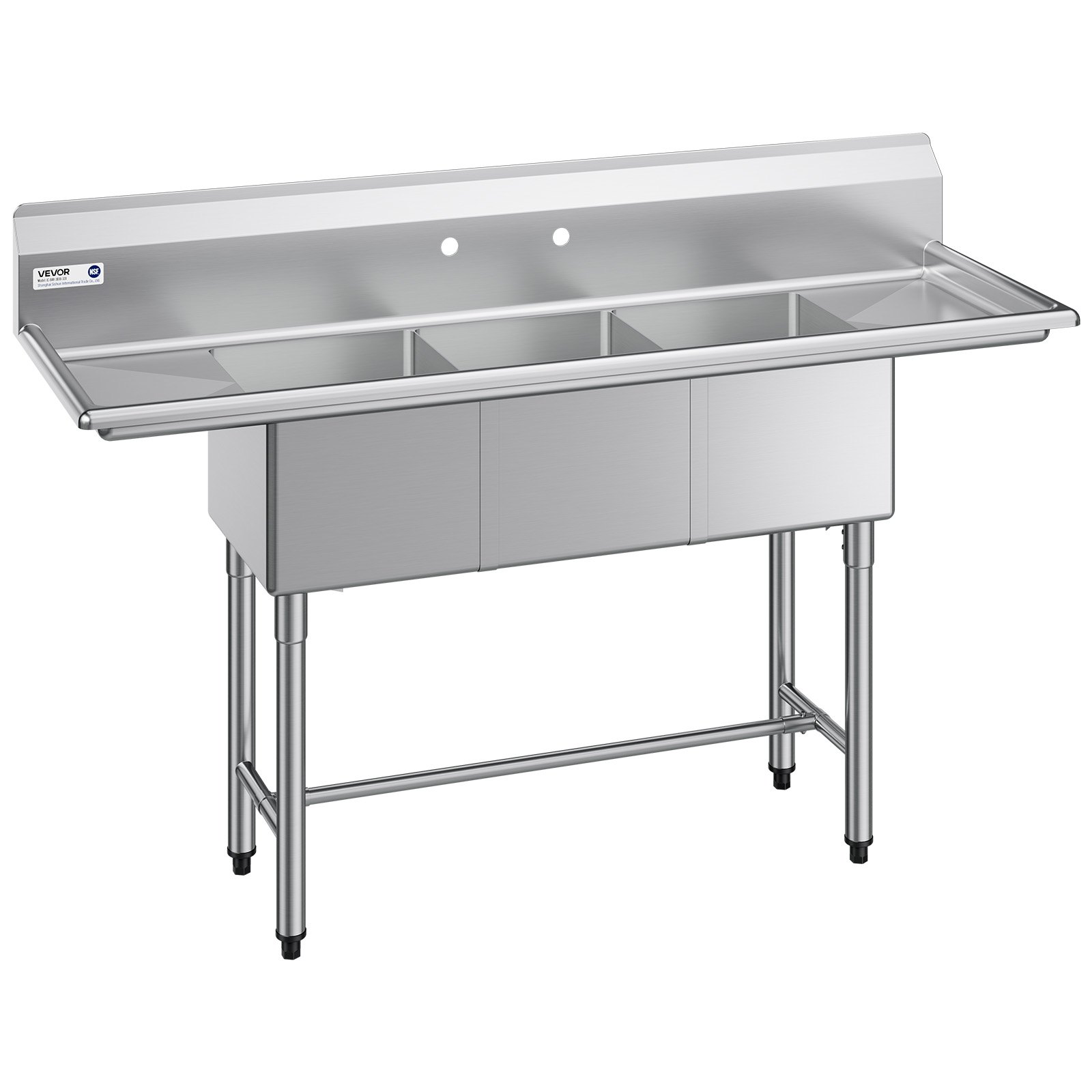 VEVOR 3 Compartment Sink, 18-Gauge 304 Stainless Steel, 356x400x279 mm Bowl Size, 3 Bay Commercial Kitchen Prep & Utility Sink with 2 Drainboards and Backsplash for Restaurant, Food Truck & Home Use