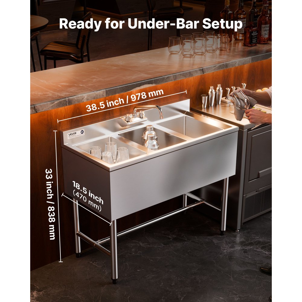 VEVOR Spülbecken mit 3 Becken & Spritzschutz & Effizientem Abfluss, Küchenspüle (978 x 470 x 838 mm), Küchenspüle für Restaurants Imbisswagen Privaten Gebrauch, Edelstahlspüle
