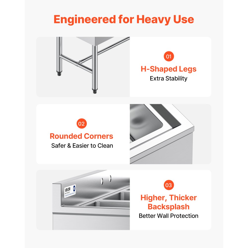 VEVOR Spülbecken mit 3 Becken & Spritzschutz & Effizientem Abfluss, Küchenspüle (978 x 470 x 838 mm), Küchenspüle für Restaurants Imbisswagen Privaten Gebrauch, Edelstahlspüle
