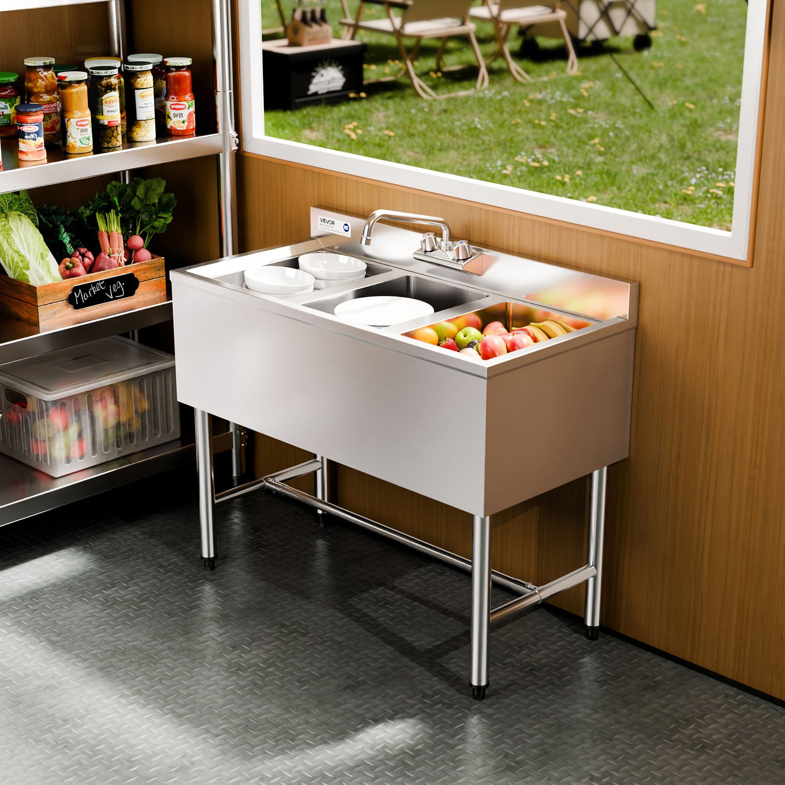VEVOR Spülbecken mit 3 Becken & Spritzschutz & Effizientem Abfluss, Küchenspüle (978 x 470 x 838 mm), Küchenspüle für Restaurants Imbisswagen Privaten Gebrauch, Edelstahlspüle