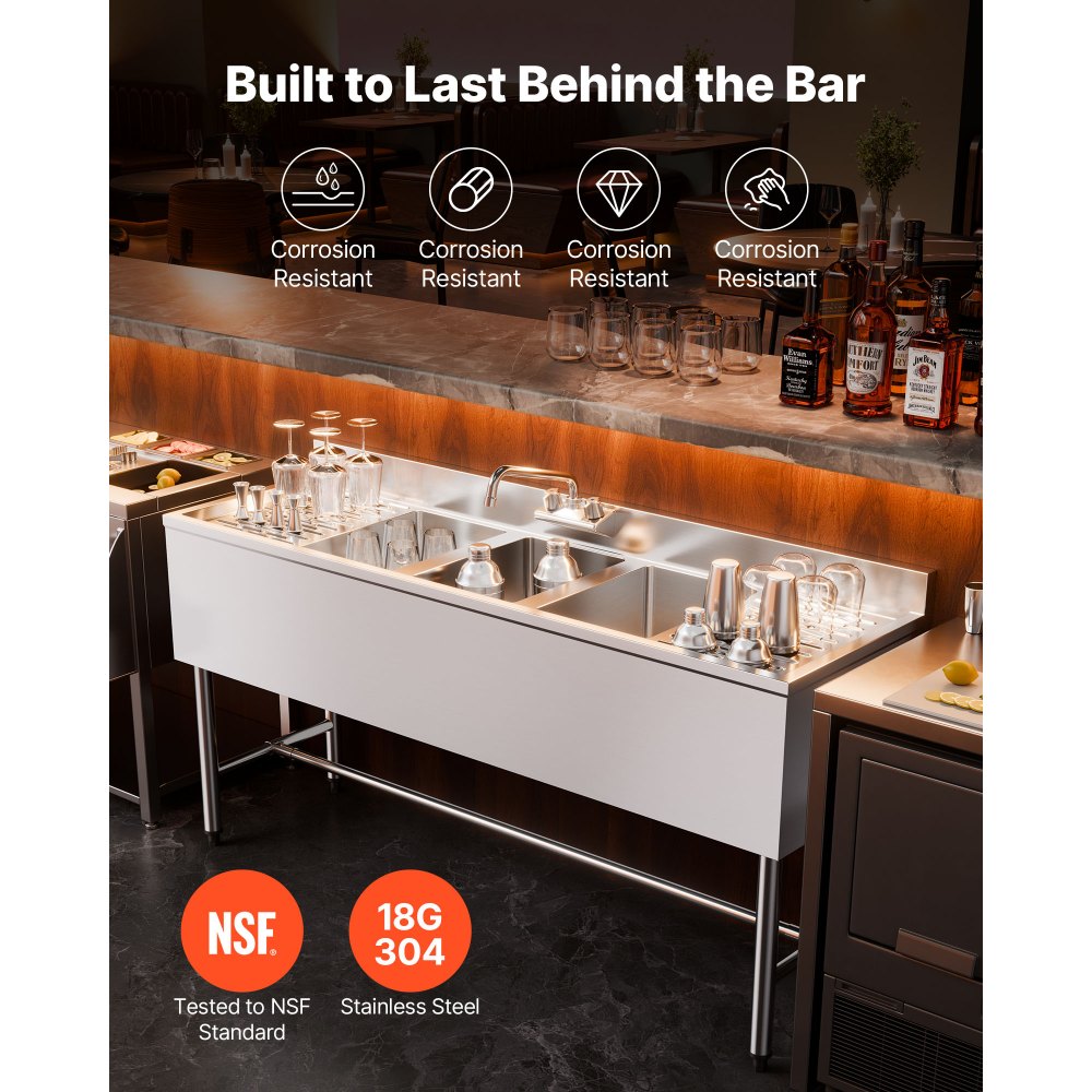 VEVOR 3 Compartment Sink, 18-Gauge 304 Stainless Steel, 254x356x254 mm Bowl Size, 3 Bay Commercial Under Bar Sink with Double Drainboard and Backsplash for Kitchen, Restaurant, Food Truck & Home Use