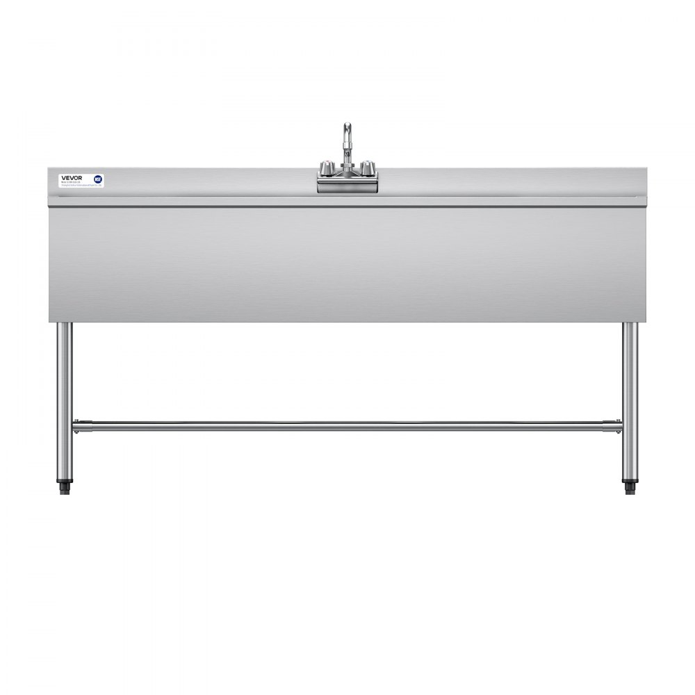 VEVOR 3 Compartment Sink, 18-Gauge 304 Stainless Steel, 254x356x254 mm Bowl Size, 3 Bay Commercial Under Bar Sink with Double Drainboard and Backsplash for Kitchen, Restaurant, Food Truck & Home Use