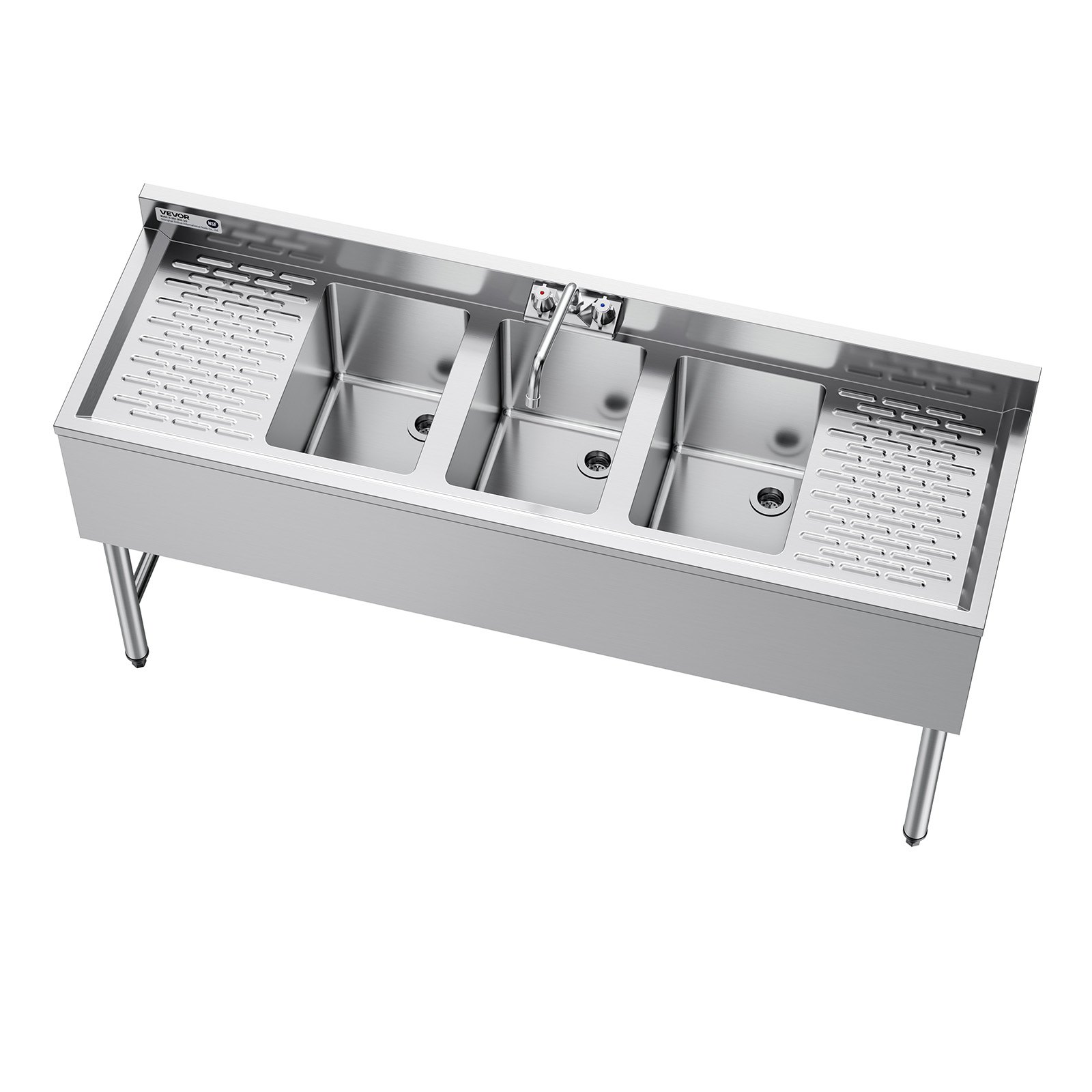 VEVOR 3 Compartment Sink, 18-Gauge 304 Stainless Steel, 254x356x254 mm Bowl Size, 3 Bay Commercial Under Bar Sink with Double Drainboard and Backsplash for Kitchen, Restaurant, Food Truck & Home Use