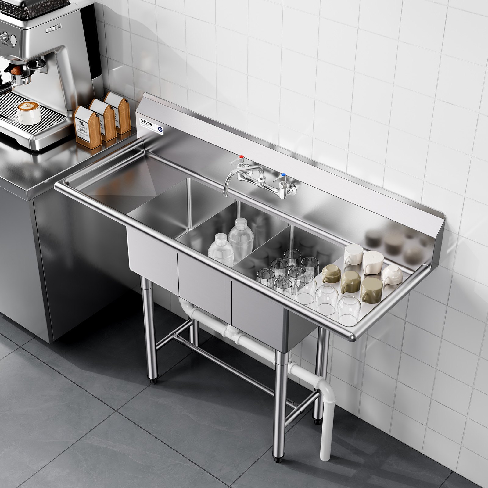 VEVOR 3 Compartment Sink, 18-Gauge 304 Stainless Steel, 254x356x254 mm Bowl Size, 3 Bay Commercial Kitchen Prep & Utility Sink with 2 Drainboards and Backsplash for Restaurant, Food Truck & Home Use