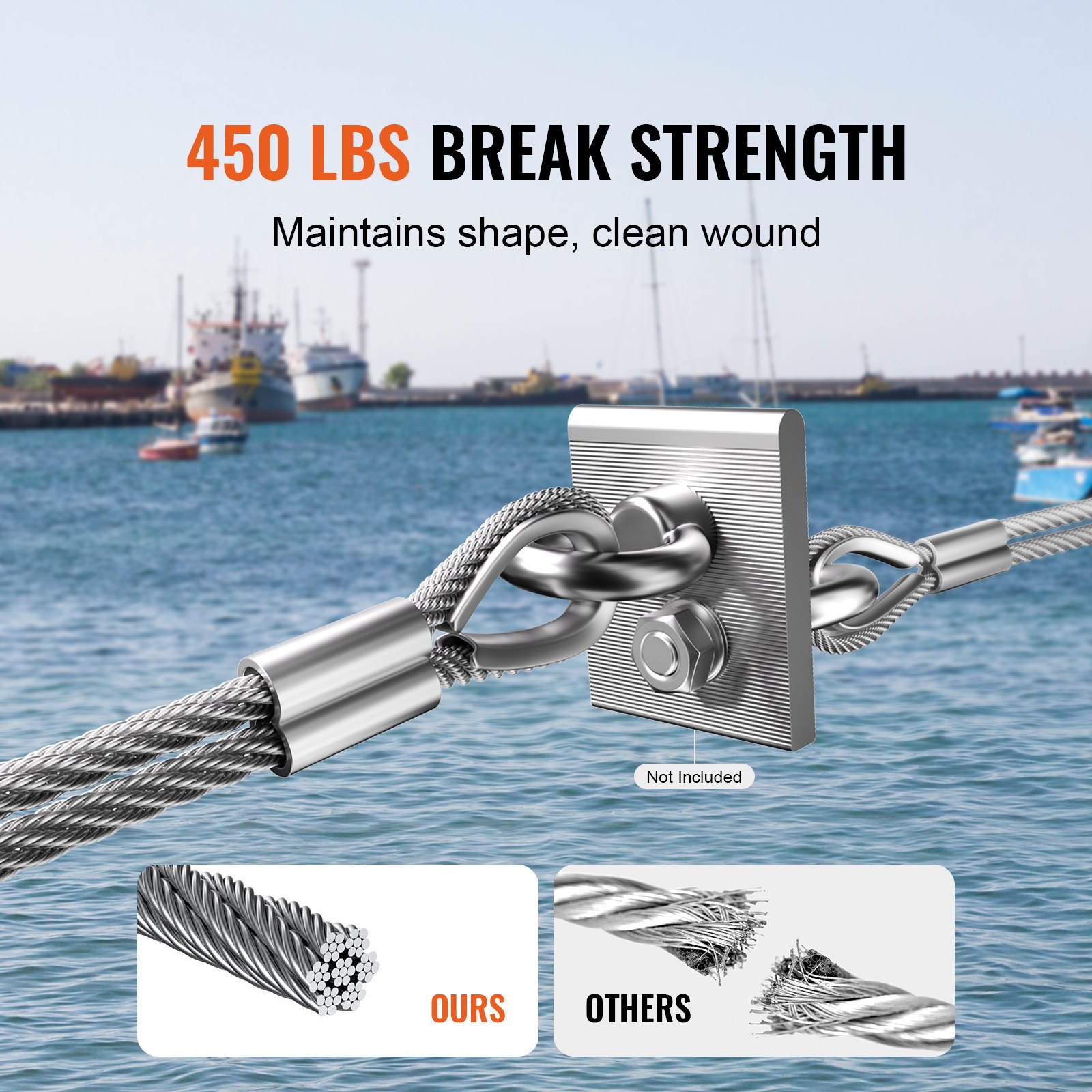VEVOR wire rope set, Ф1.59mmx100.6m, 304 stainless steel cable with 80 ferrules and 20 thimbles, 2kN breaking strength, 7x7 strands, marine aircraft grade for handrails, stairs, and outdoor patio fences
