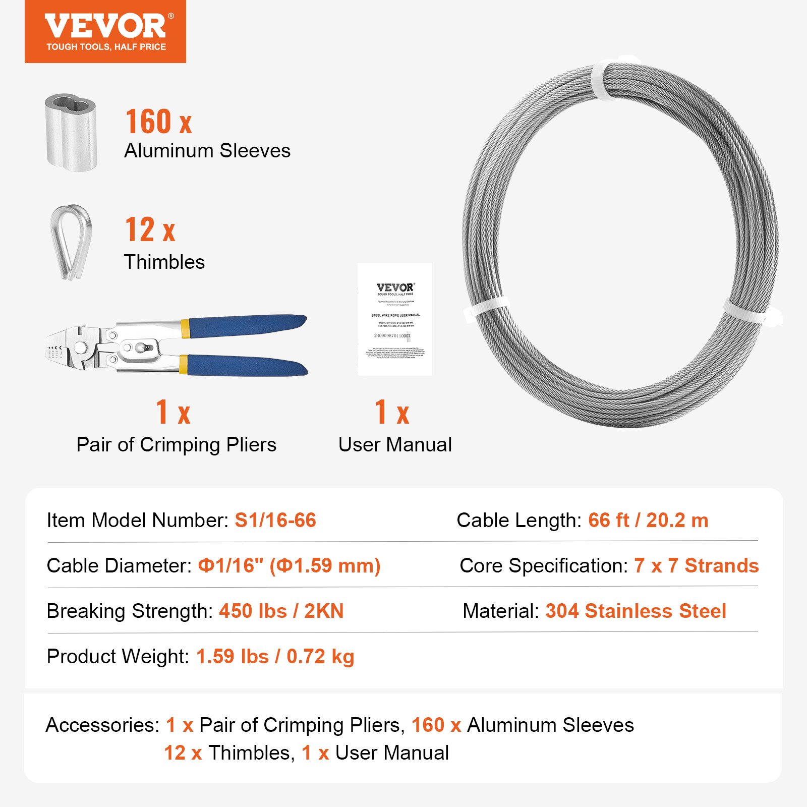 VEVOR wire rope set, Ф1.59mmx20.2m, 304 stainless steel cable with crimping tool, 160 ferrules and 12 thimbles, 7x7 strands, construction/marine/aircraft grade for handrails, stairs, terraces, and outdoor fences
