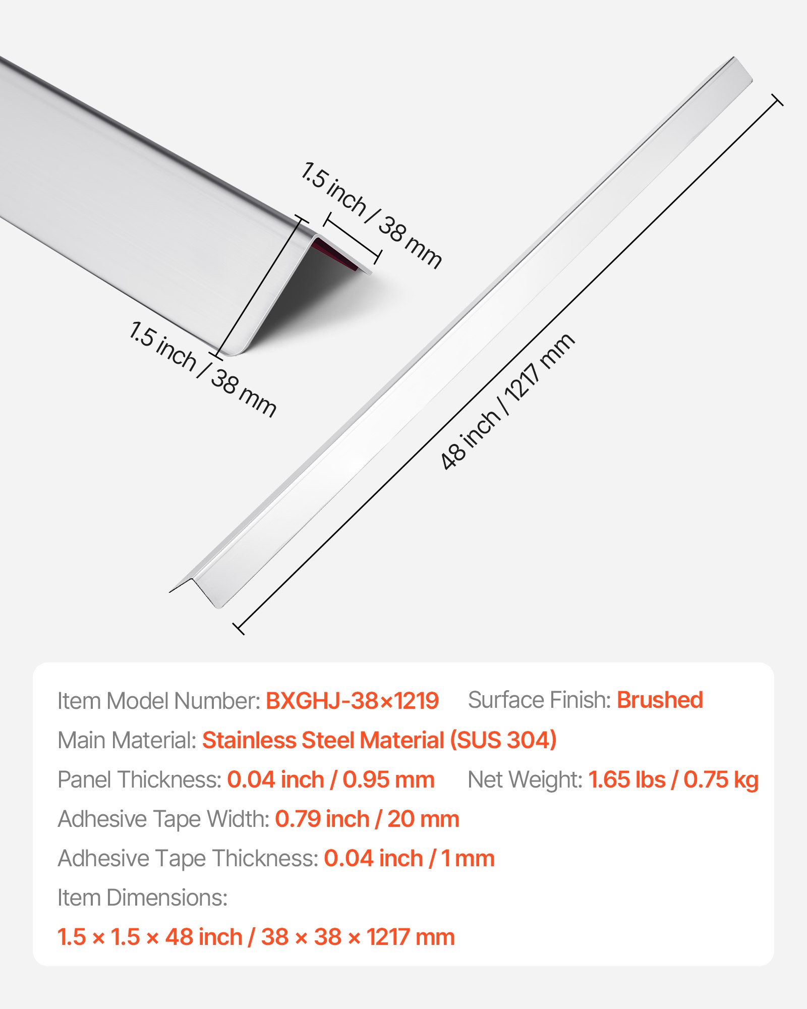 VEVOR Kantenschutz für Wand, 38 x 38 x 1217 mm, 10er-Pack Winkelprofil, Eckenschutz aus Edelstahl, Wandschutz, mit 3M Klebeband, 90-Grad-Winkel,ideal für Zuhause, Büro & öffentliche Räume