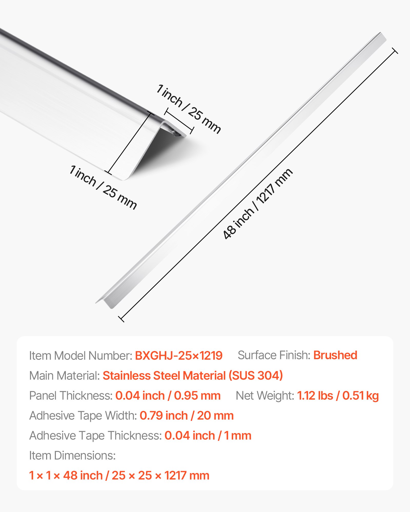 VEVOR Stainless Steel Wall Corner Protector, 25 x 25 x 1217 mm , 10 Pack Metal Corner Guards, 304 Stainless Steel Edge Trim 90-Degree Angle for Home,Office,Commercial Wall Protection, with 3m Tape