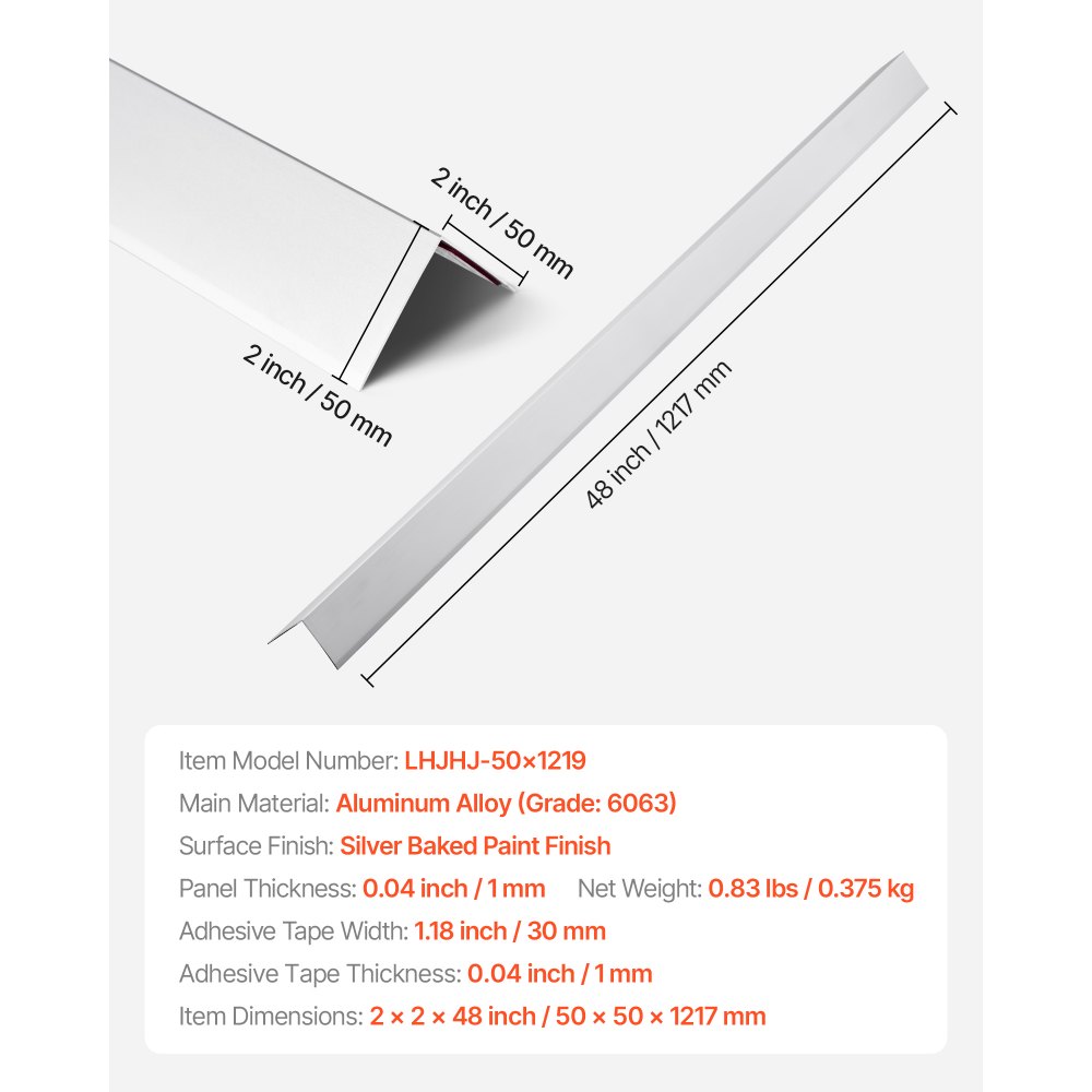 VEVOR Kantenschutz für Wand, aus Aluminiumlegierung, 50x50x1217 mm, 12er-Pack Eckenschutz im 90-Grad-Winkel in L-Form, mit 3M Klebeband, ideal für Zuhause, Büro & öffentliche Räume