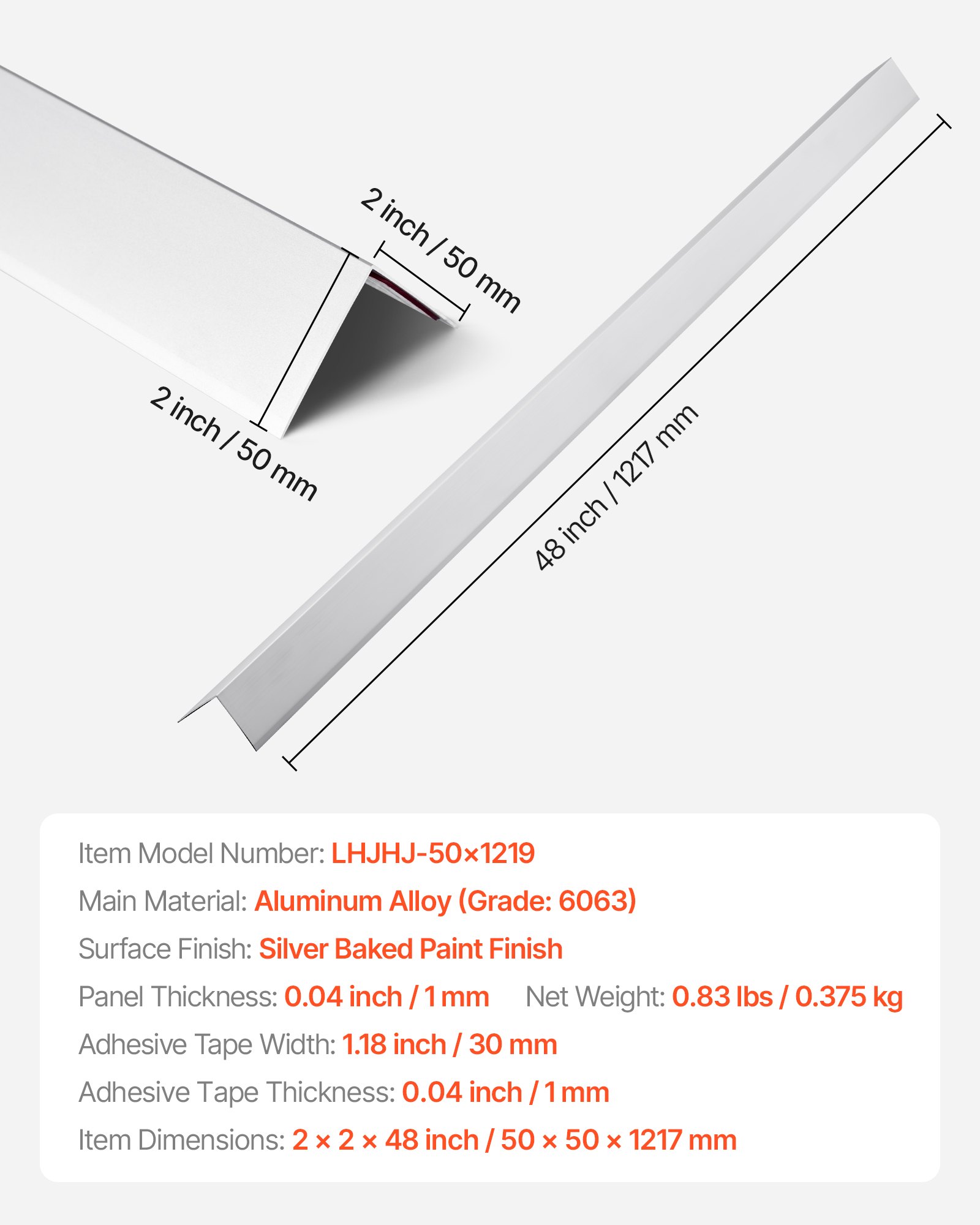 VEVOR Kantenschutz für Wand, aus Aluminiumlegierung, 50x50x1217 mm, 12er-Pack Eckenschutz im 90-Grad-Winkel in L-Form, mit 3M Klebeband, ideal für Zuhause, Büro & öffentliche Räume
