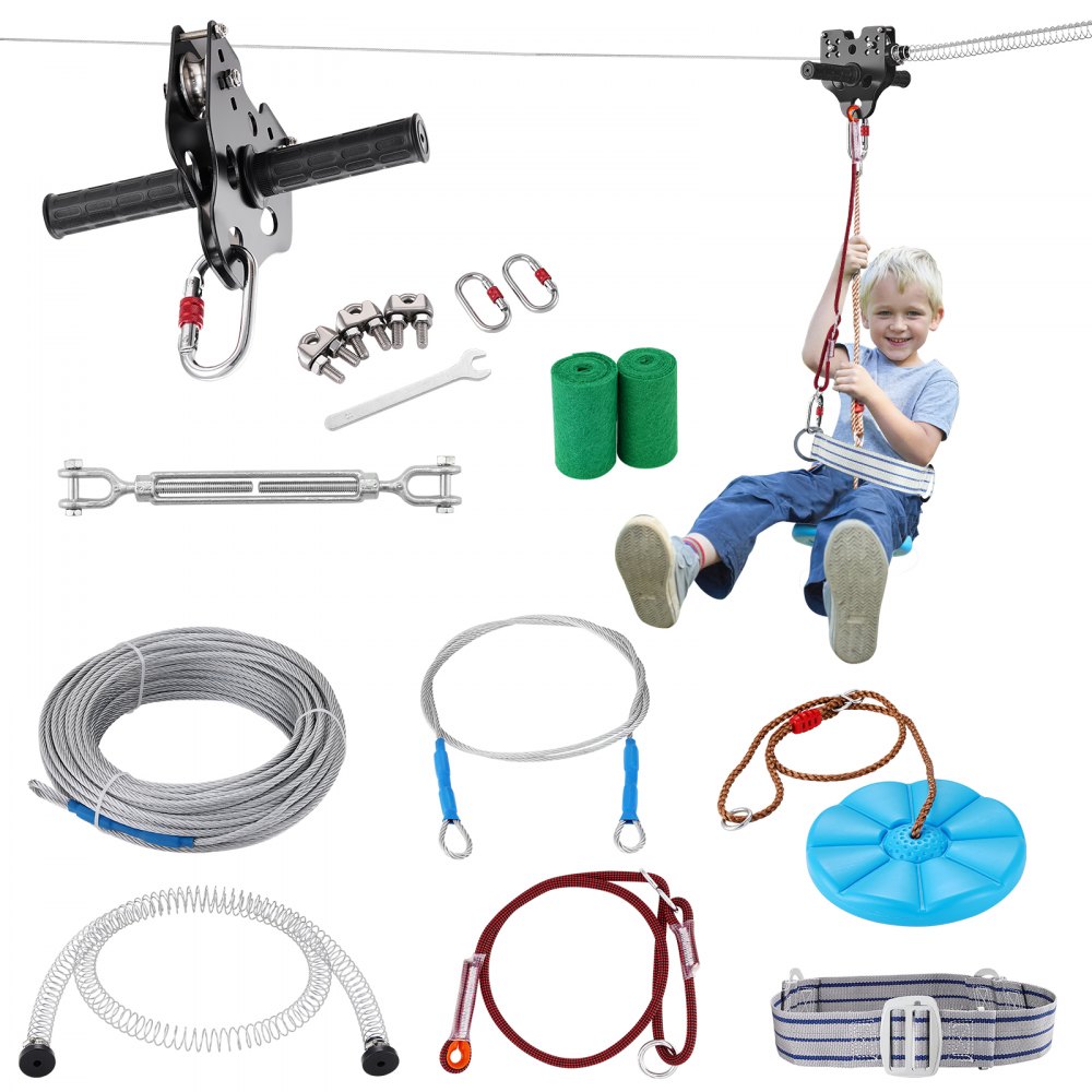 VEVOR-Zipline-Kit mit Werkzeugen, Kabeln und einem Kind, das die Zipline fährt, mit kompletten Aufbaukomponenten.