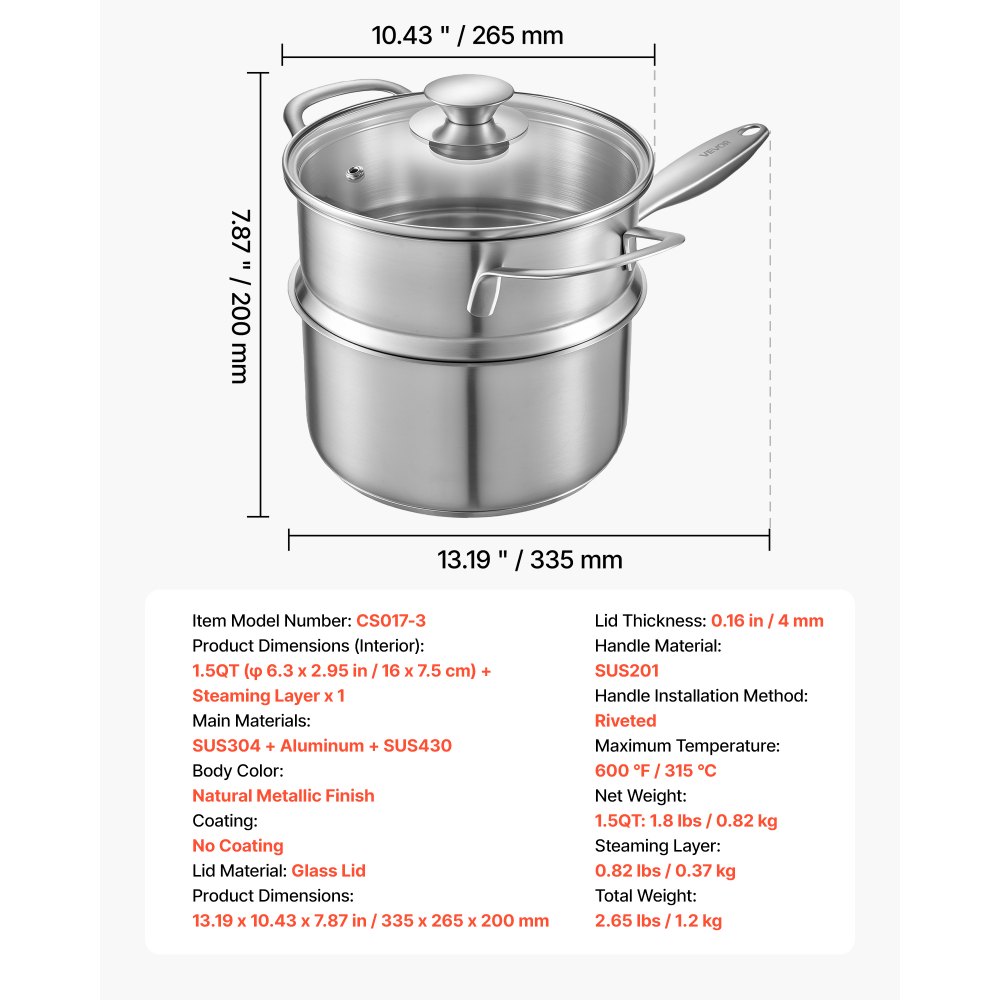 VEVOR 1.5 QT Saucepan with Steamer, Stainless Steel Saucepan with Glass Lid, Multipurpose Nonstick Stainless Steel Sauce Pot with Ergonomic Handle, Friendly for Oven, Dishwasher, Induction Cooker