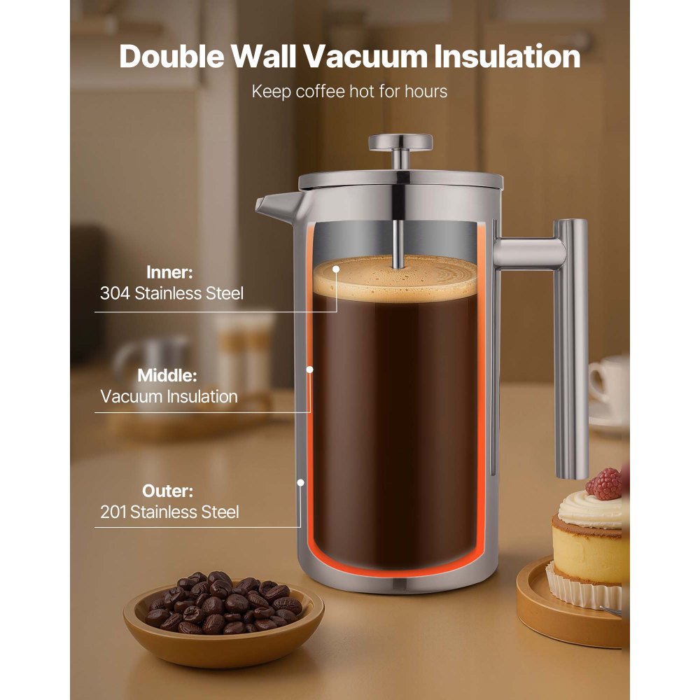 VEVOR French Press Kaffeemaschine, 1,5 L Edelstahl Kaffeepresse Teebereiter mit Filter, große doppelwandige isolierter französische Kaffeebereiter für Camping Reisen Küche, Kaffeezubereiter Silber