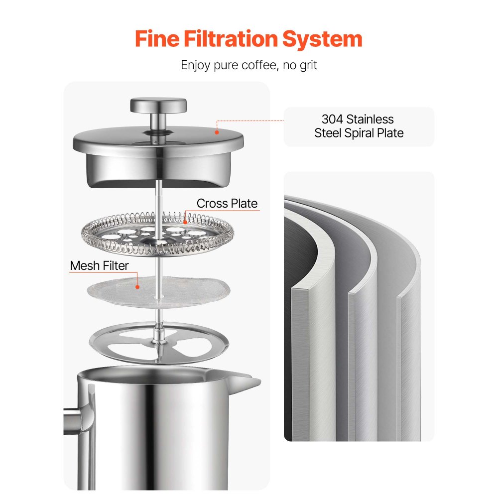 VEVOR French Press Kaffeemaschine, 1,5 L Edelstahl Kaffeepresse Teebereiter mit Filter, große doppelwandige isolierter französische Kaffeebereiter für Camping Reisen Küche, Kaffeezubereiter Silber