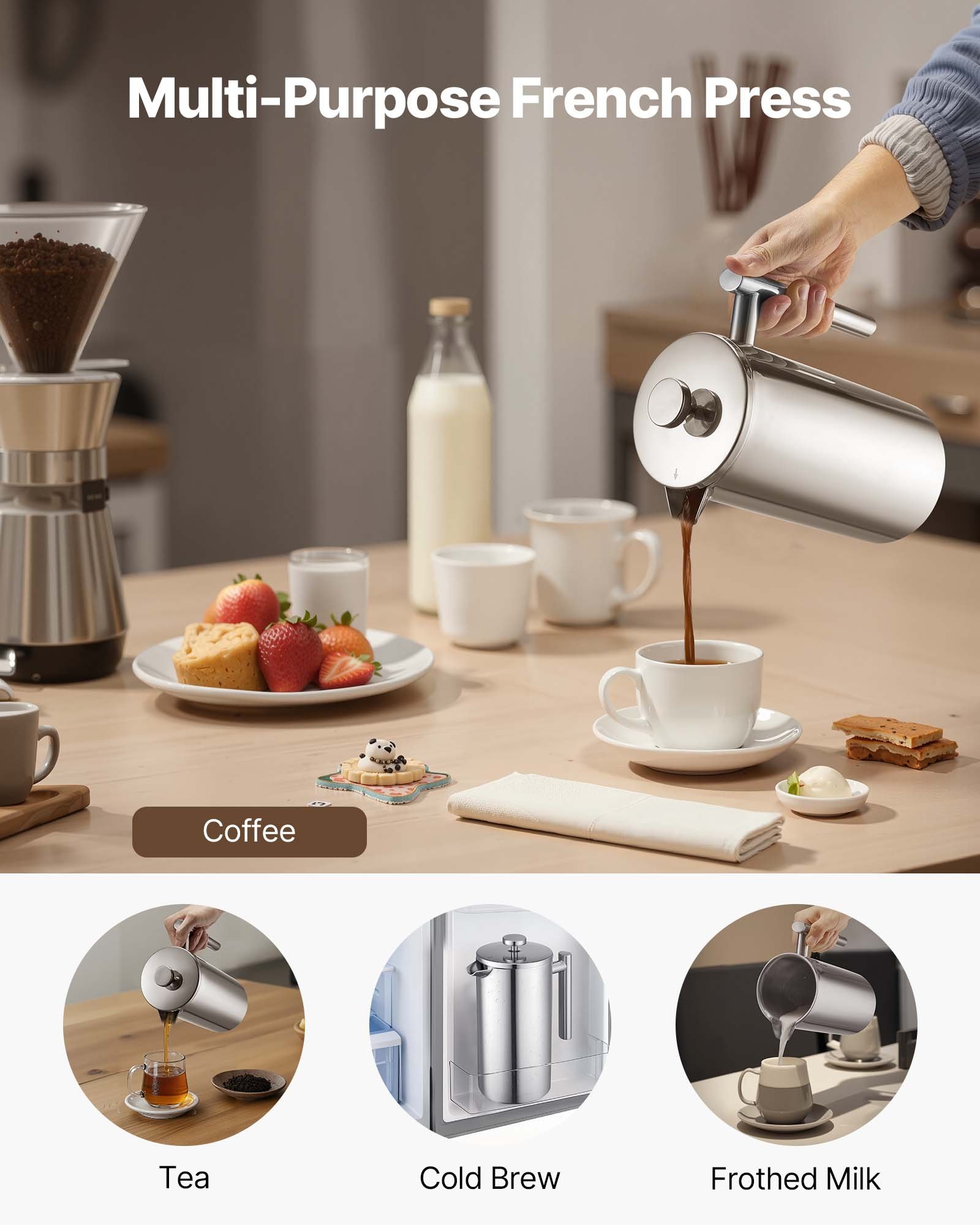 VEVOR French Press Kaffeemaschine, 1,5 L Edelstahl Kaffeepresse Teebereiter mit Filter, große doppelwandige isolierter französische Kaffeebereiter für Camping Reisen Küche, Kaffeezubereiter Silber