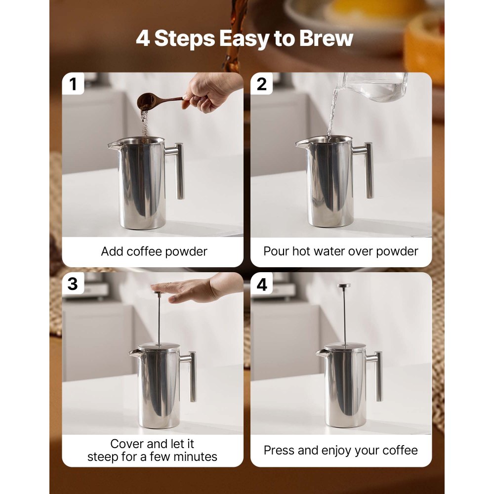 VEVOR French Press Kaffeemaschine, 1 L Edelstahl Kaffeepresse Teebereiter mit Filter, große doppelwandige isolierter französische Kaffeebereiter für Camping Reisen Küche, Kaffeezubereiter Silber