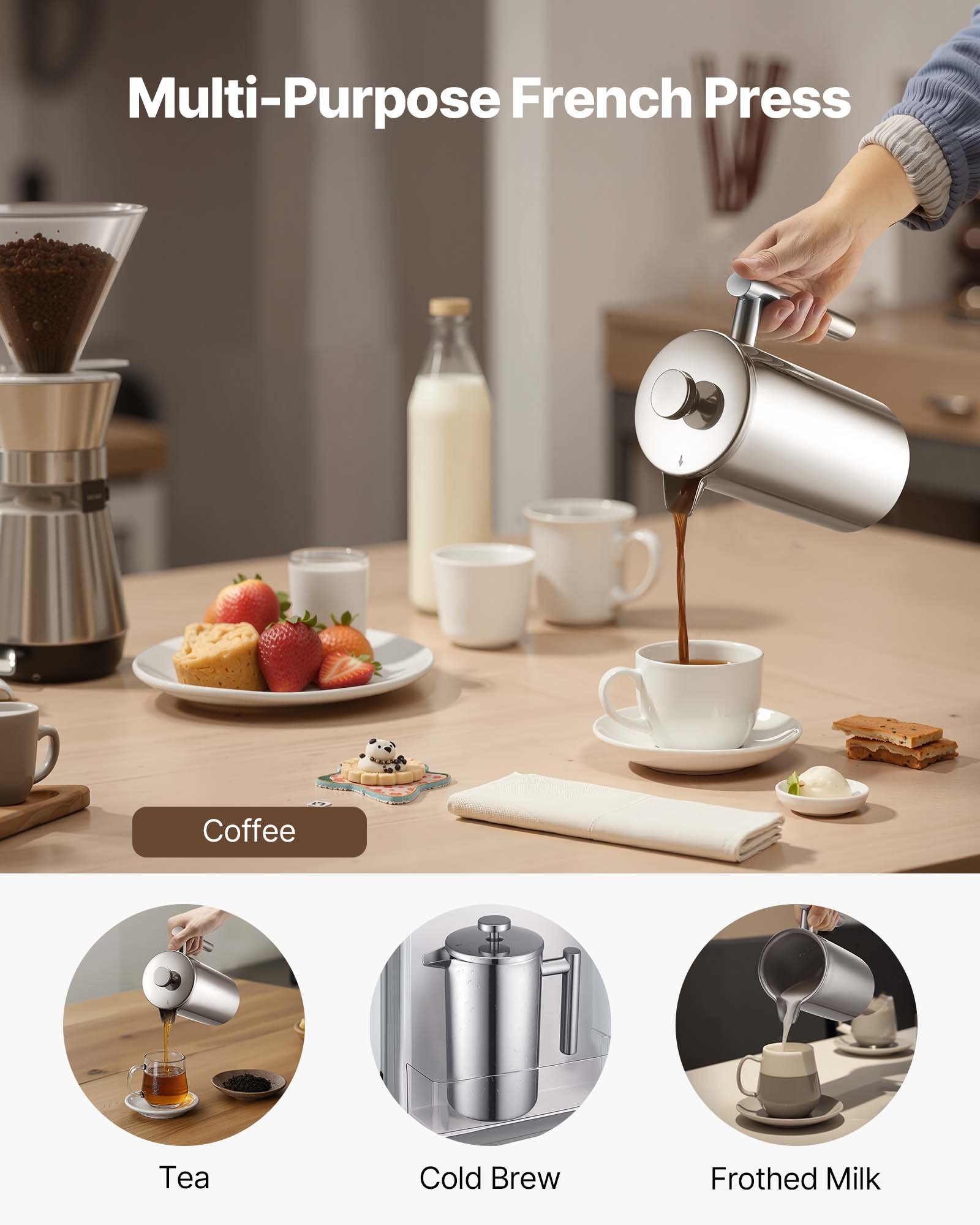 VEVOR French Press Kaffeemaschine, 1 L Edelstahl Kaffeepresse Teebereiter mit Filter, große doppelwandige isolierter französische Kaffeebereiter für Camping Reisen Küche, Kaffeezubereiter Silber