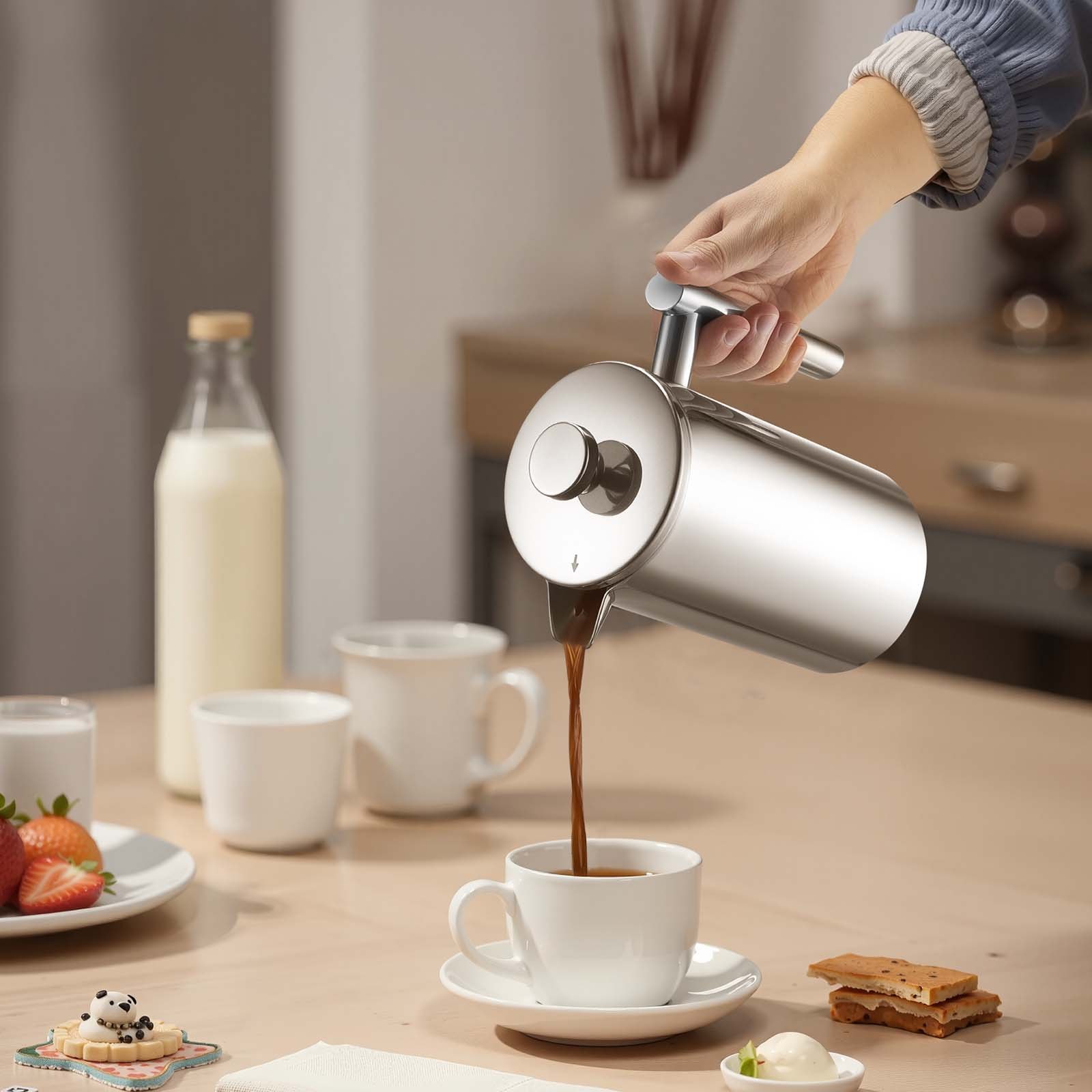 VEVOR French Press Kaffeemaschine, 1 L Edelstahl Kaffeepresse Teebereiter mit Filter, große doppelwandige isolierter französische Kaffeebereiter für Camping Reisen Küche, Kaffeezubereiter Silber