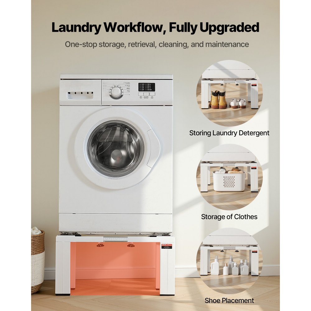 VEVOR Laundry Pedestal, 305 mm Height, Washer and Dryer Pedestals with 544 kg Weight Load Capacity, 475-785 mm Adjustable, Non-Slip Feet, Heavy-duty Steel Washing Machine Stand Universal Fit, White