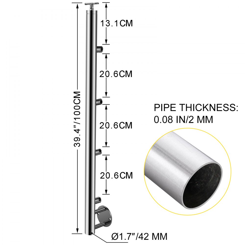 Vevor Geländerpfosten Edelstahl Pfosten Treppengeländer 100cm Mit 4 Querstangen