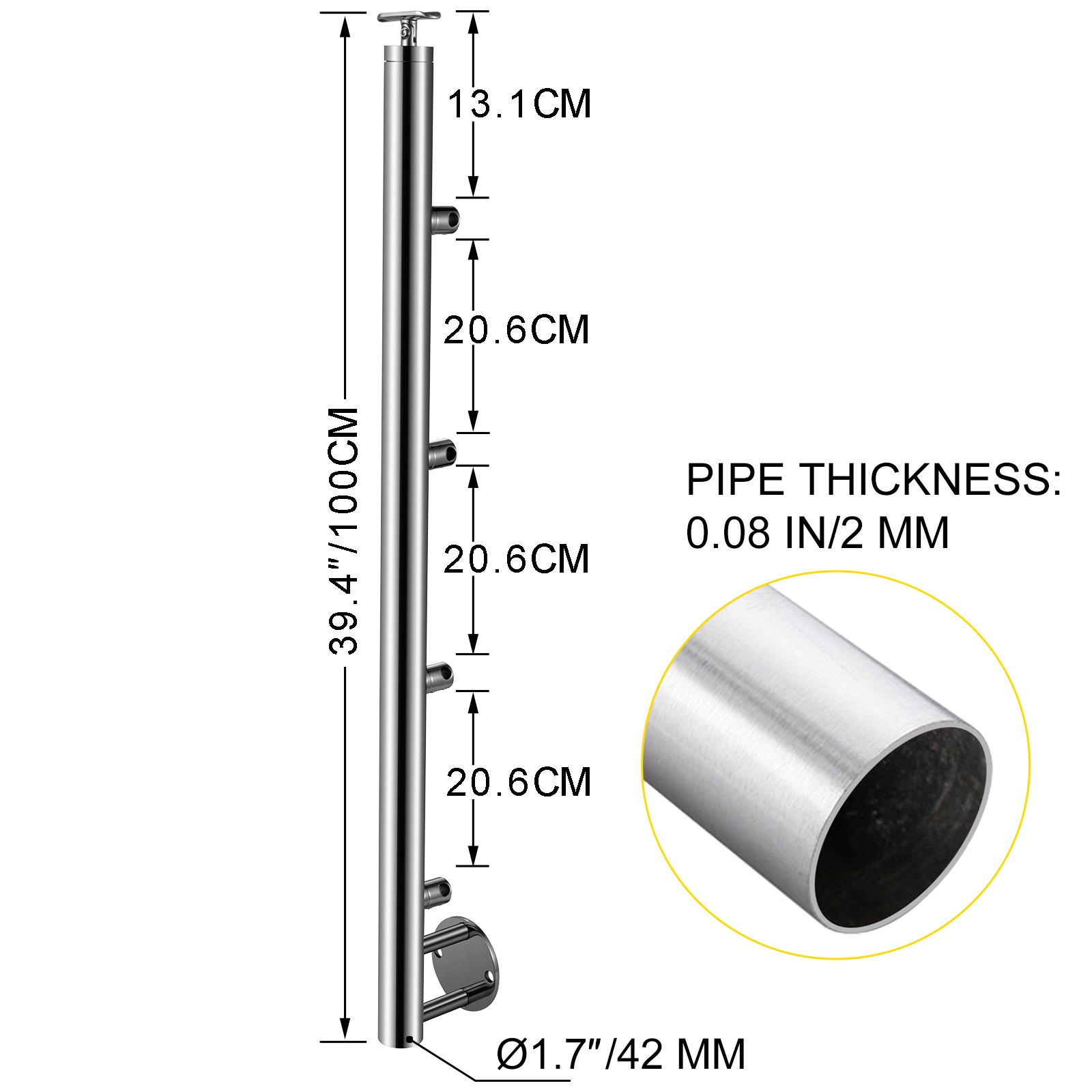 Vevor Geländerpfosten Edelstahl Pfosten Treppengeländer 100cm Mit 4 Querstangen