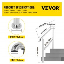 VEVOR Treppengeländer 3 Stufen, Hauseingang Handlauf Edelstahl mit Pfosten, Verstellbare Eingangsgeländer Silber, Winkel Einstellbare Treppengeländer Außen und Innen, 1 bis 3 Stufiges Geländer 1 m