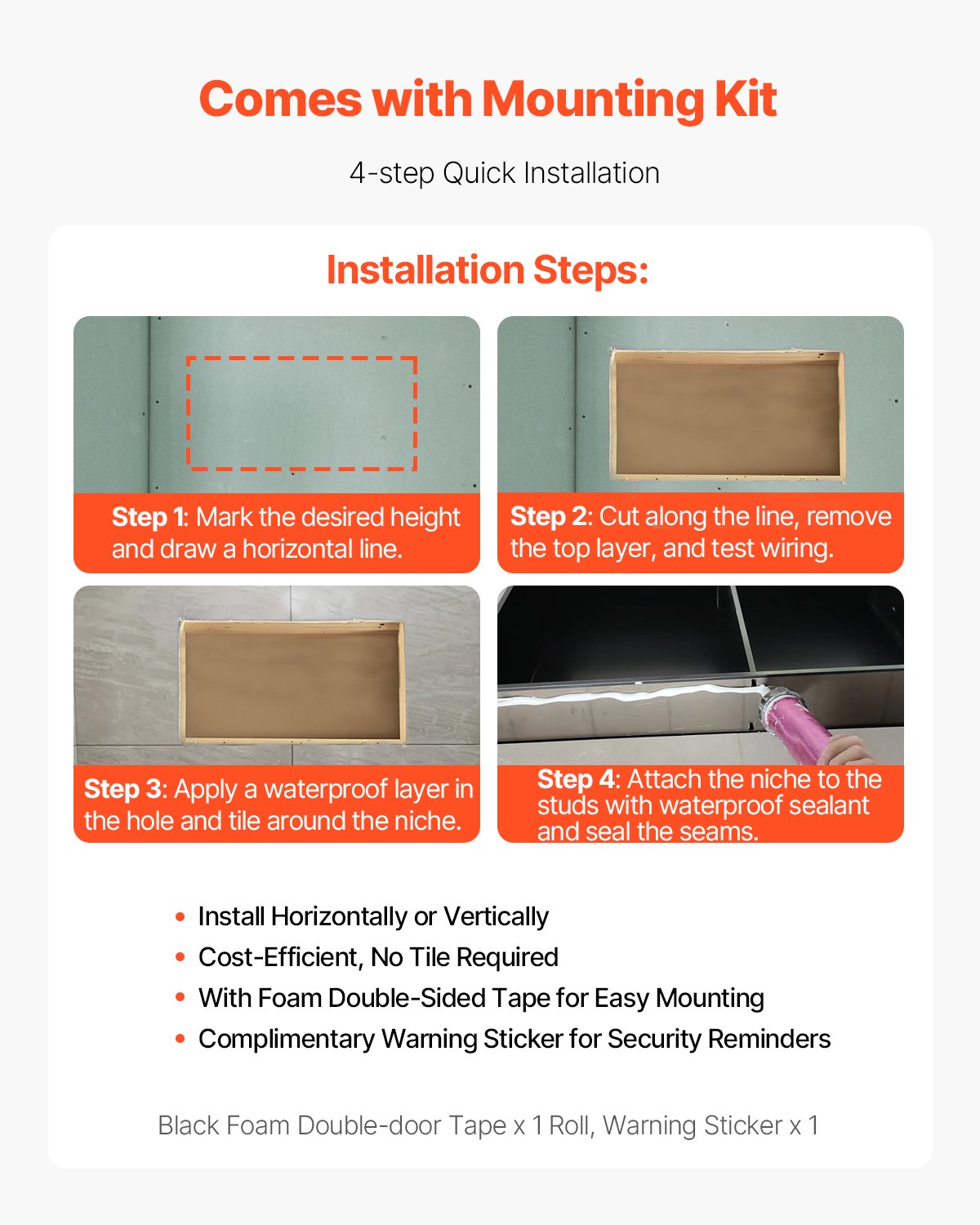 VEVOR Duschnische, 10,16x33,02x63,5 cm große Wandnische, Seifen- und Shampoo-Aufbewahrungsorganizer aus Edelstahl, langlebig und einfach zu installieren, schwarz für Badezimmer