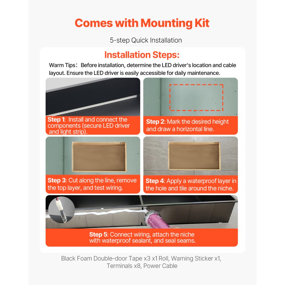 VEVOR Duschnische, 10,16x33,02x63,5 cm, versenkte Wandnische mit LED-Streifen, Shampoo-Aufbewahrungs-Organizer aus Edelstahl, langlebig & einfach zu installieren, schwarz für Badezimmer