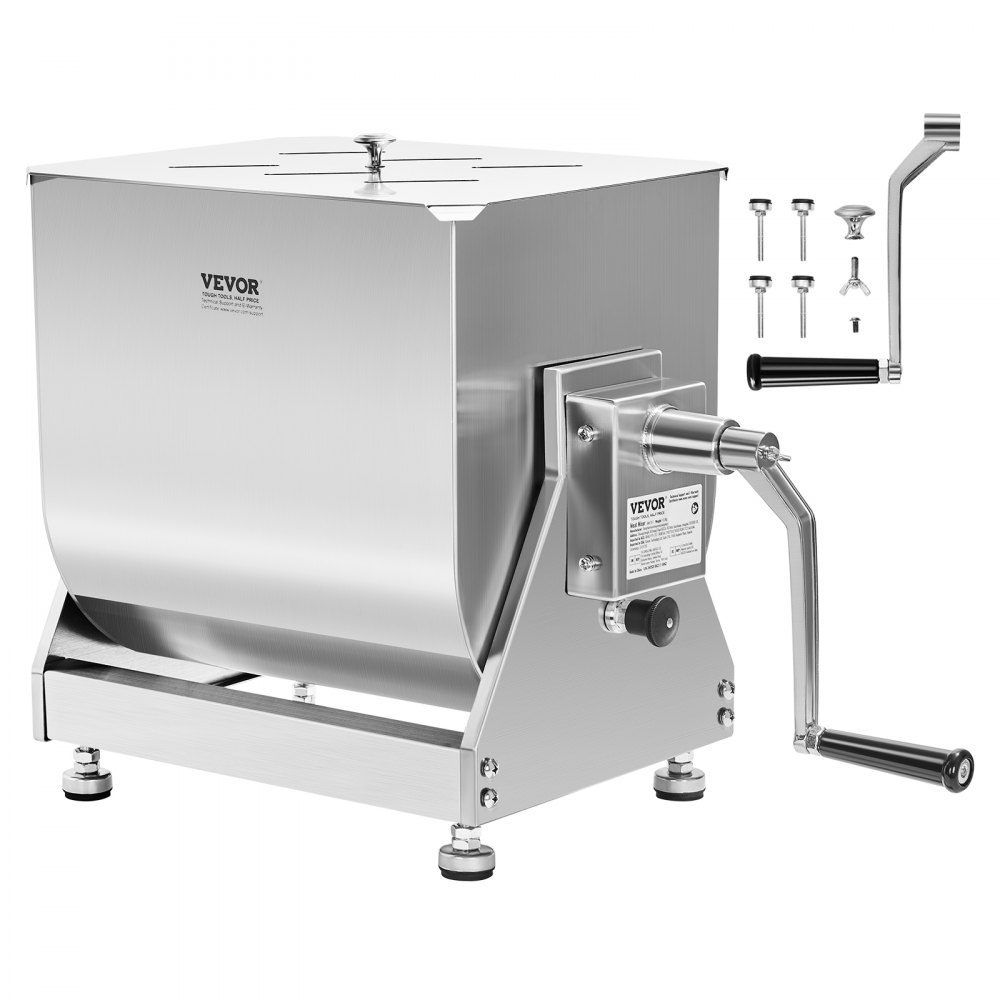 VEVOR-Fleischmixer mit Edelstahlgehäuse, Handkurbel und abnehmbaren Teilen für einfache Reinigung.