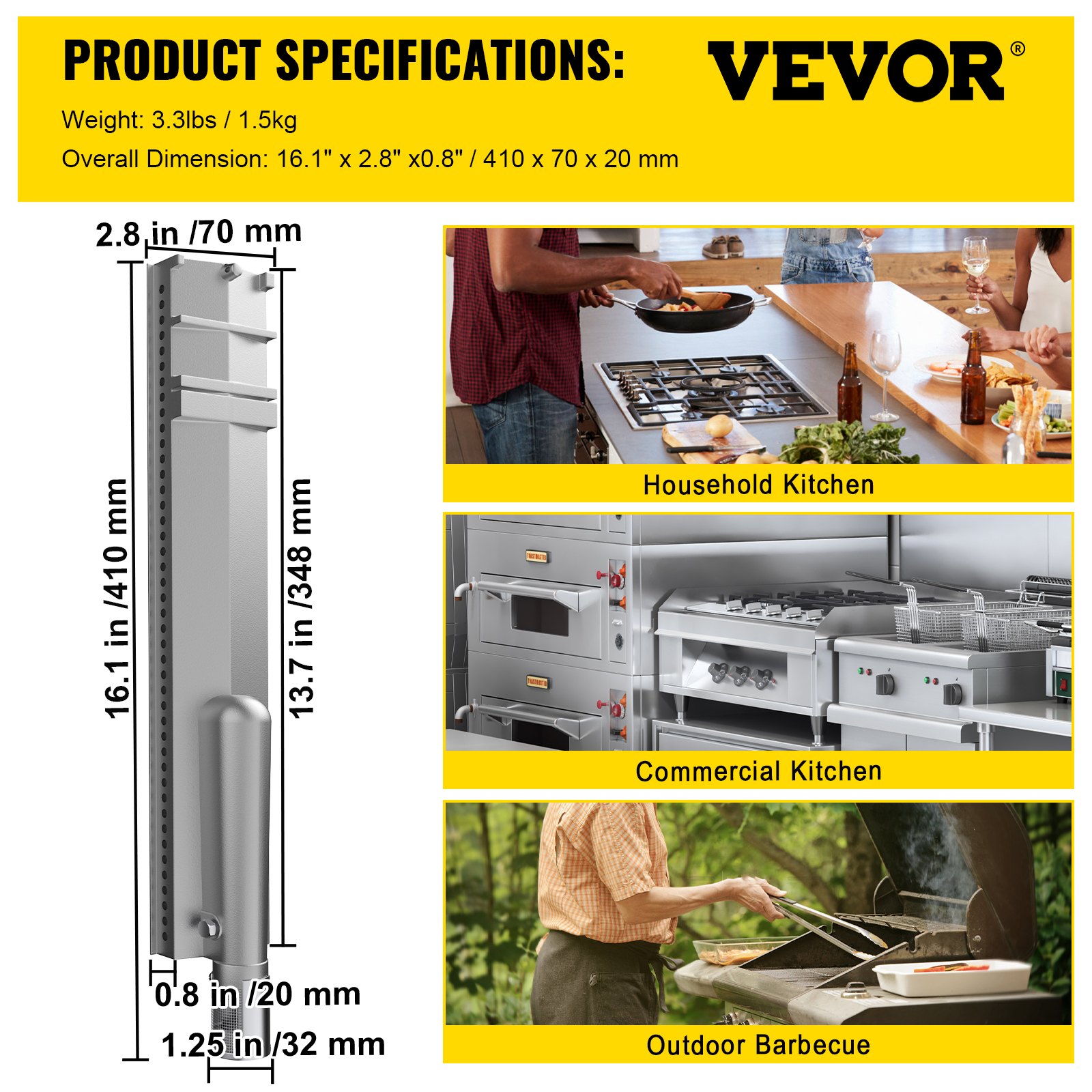 VEVOR Universal Edelstahl Gasgrill Brenner 410 x 70 x 20 mm, Gasgrill Ersatzbrenner φ 31,75 mm Lufteinlass, Edelstahl rohrbrenner, Gasgrill Brenner ersatzteile für die meisten Marken 1 Pack