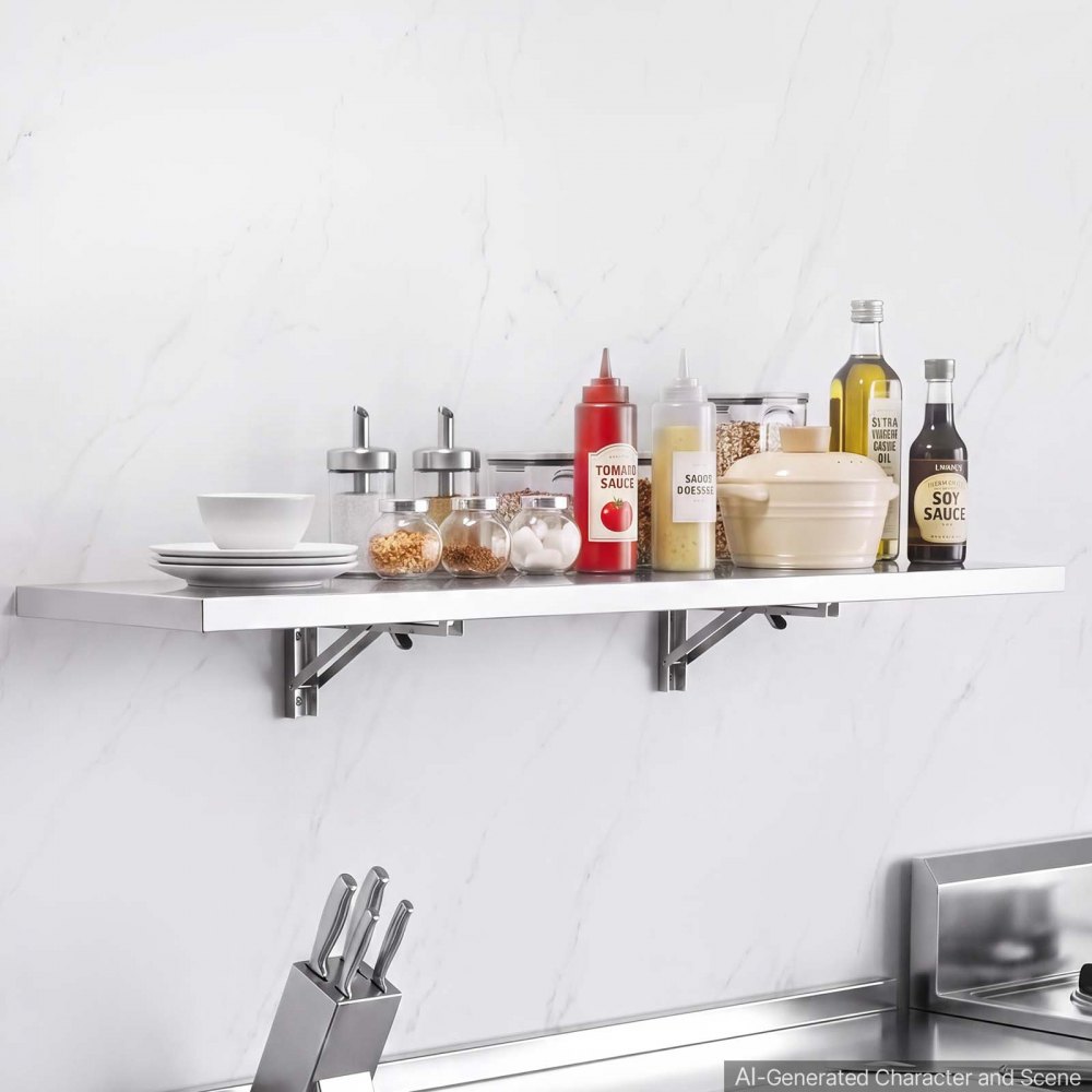 VEVOR Wandregal 136 kg 305 x 1219 mm Klappbares Edelstahlregal für Großküchen Private Küchen Servierwagen und Garagen, Wandmontage Regal mit Verstärkten Halterungen und Glatter Oberfläche
