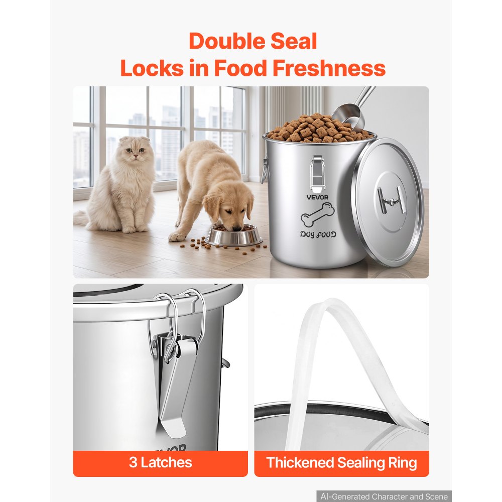 VEVOR Futtertonne Hunde 20 L Edelstahl Tierfutterbehälter für Haustiere Ideal für Wohnzimmer und Küche, mit Metallgriffen, Silikonring, Rostbeständigkeit Polierter Oberfläche und Luftdichtem Deckel