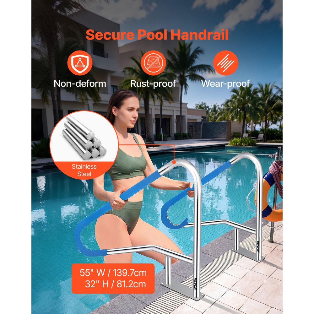 VEVOR Pool Haltegriff Edelstahl 139,7x81,2 cm Schwimmbad-Handlauf 113 kg Traglast Einstiegshilfe Pool  4,8 cm Griffbogen mit Griffbezug Treppe für Pool für Schwimmbäder Schräglagen Spa Wasserpark