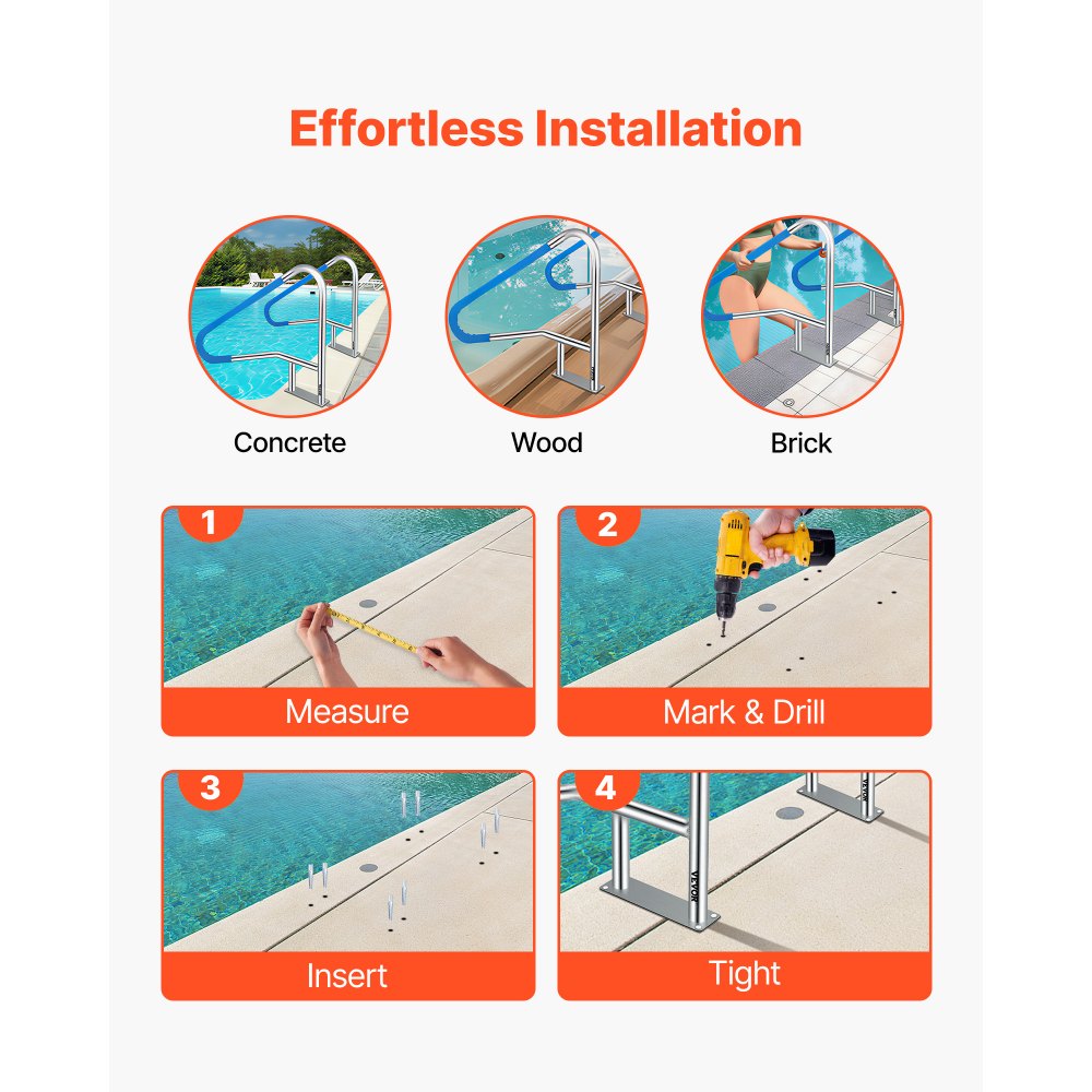 VEVOR Pool Haltegriff Edelstahl 139,7x81,2 cm Schwimmbad-Handlauf 113 kg Traglast Einstiegshilfe Pool  4,8 cm Griffbogen mit Griffbezug Treppe für Pool für Schwimmbäder Schräglagen Spa Wasserpark