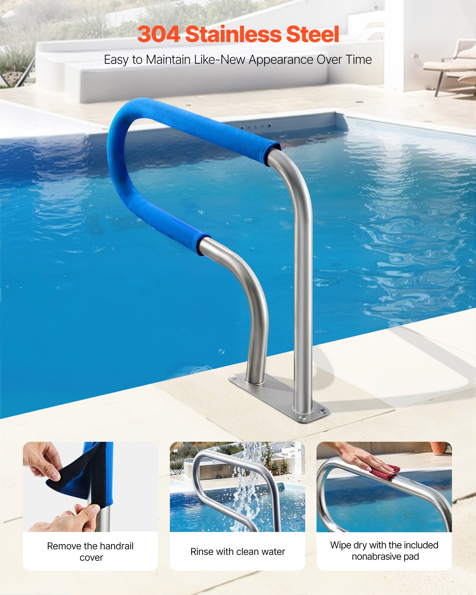 VEVOR Schwimmbad Handlauf, 788x100x558 mm, 100 kg Tragkraft, Pool Haltegriff aus Edelstahl 304, abnehmbare rutschfeste Hülle, umfangreiches Zubehör, für Poolbereiche, Wasserparks & Spa-Zentren